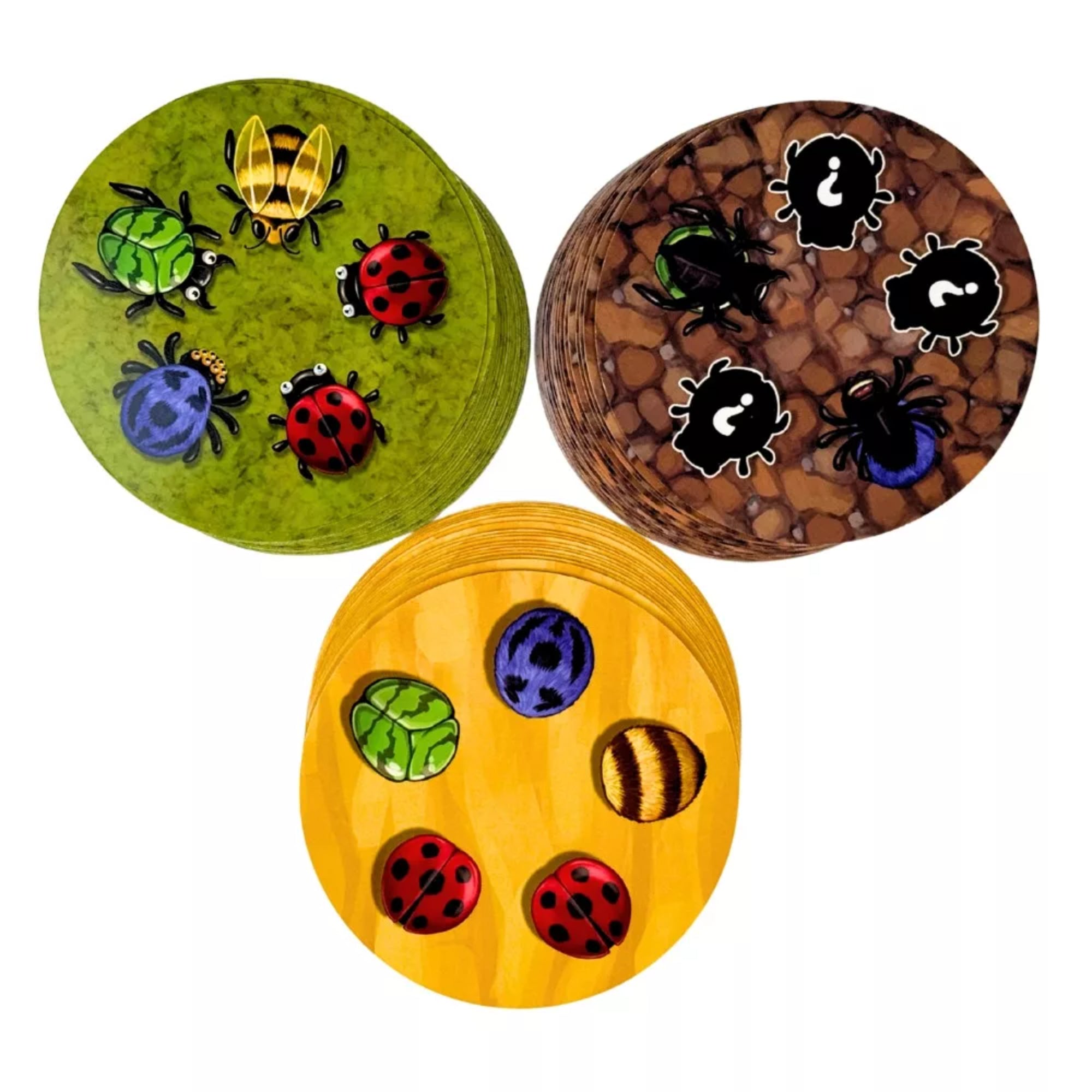 Bogártánc társasjáték korongjai különböző rovarokkal – méh, katica, bogár és pók – három színes játéklapon.