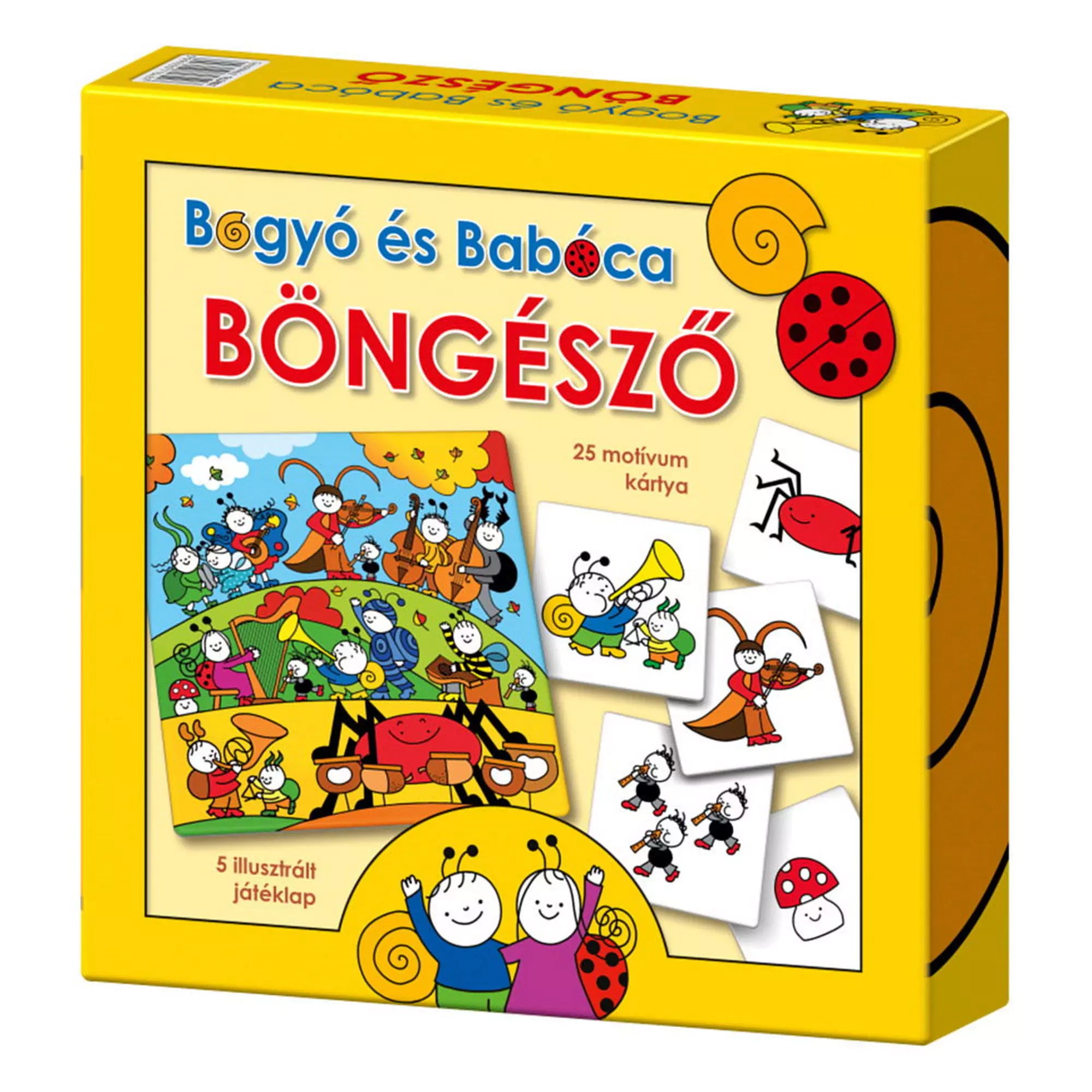 A Bogyó és Babóca Böngésző játék színes doboza, amelyen az illusztrált játéklapok és a keresendő motívumkártyák láthatók. A doboz sárga, vidám grafikával és a szereplők rajzaival.