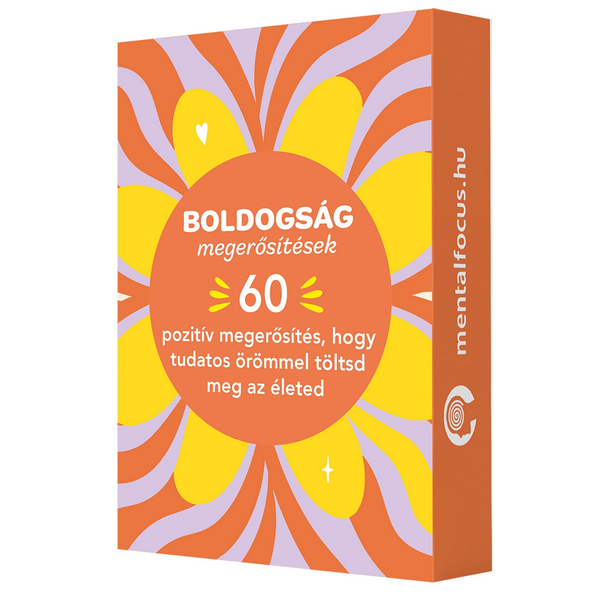 Boldogság megerősítések doboza narancssárga-sárga virágmintás дизайnnal, 60 pozitív megerősítéssel.