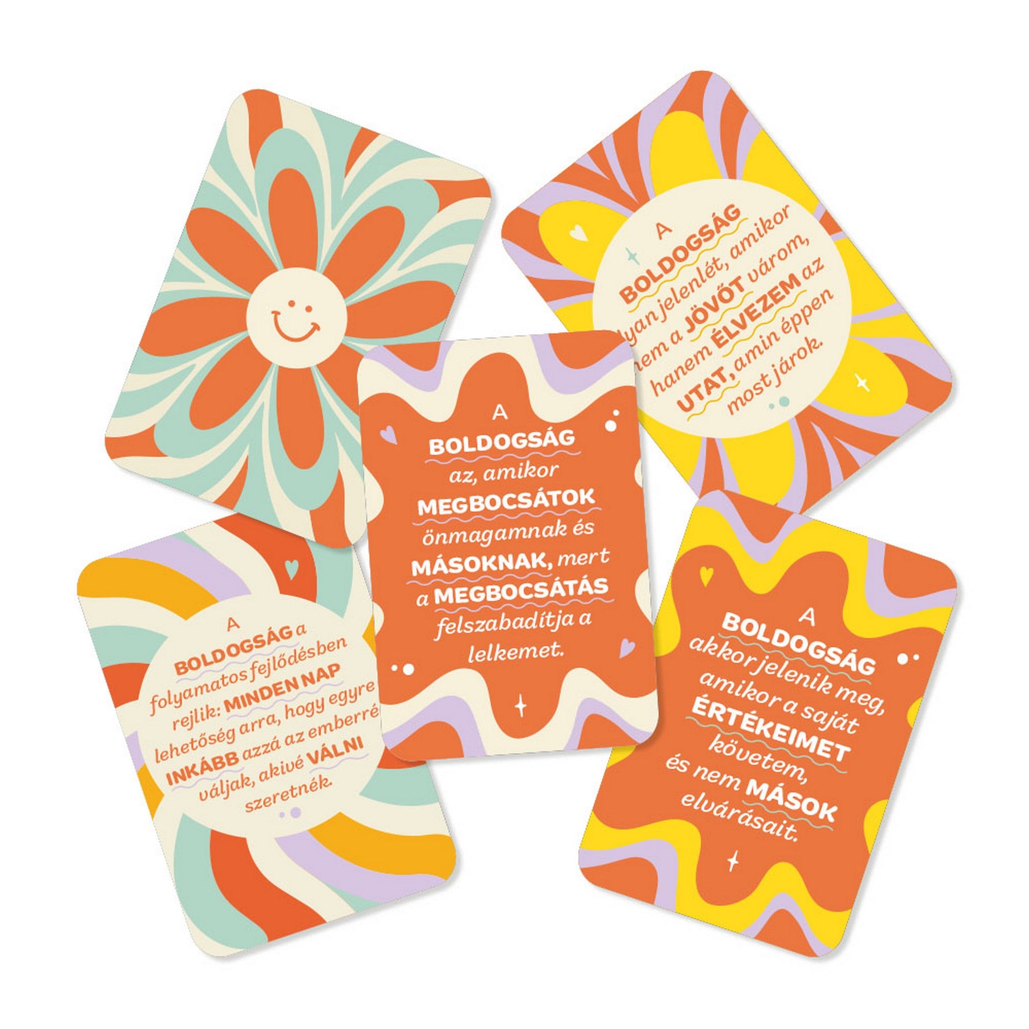 Boldogság megerősítések kártyapakli öt színes, pozitív üzenetet tartalmazó kártyával, vidám retro mintákkal.