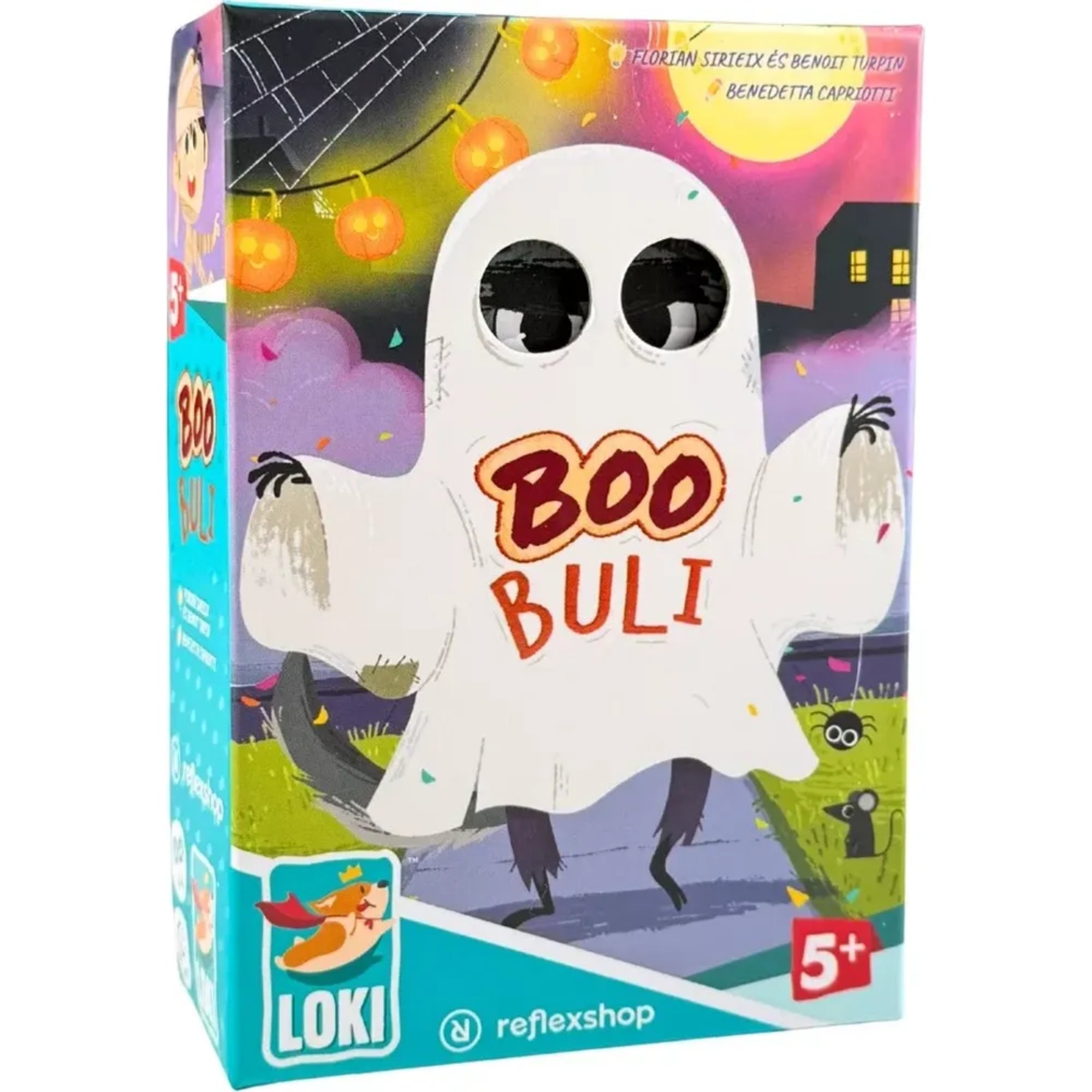 Boo Buli társasjáték doboza, aranyos szellemes borítóval, Halloween hangulatban, 5+ korosztálynak, LOKI kiadás.