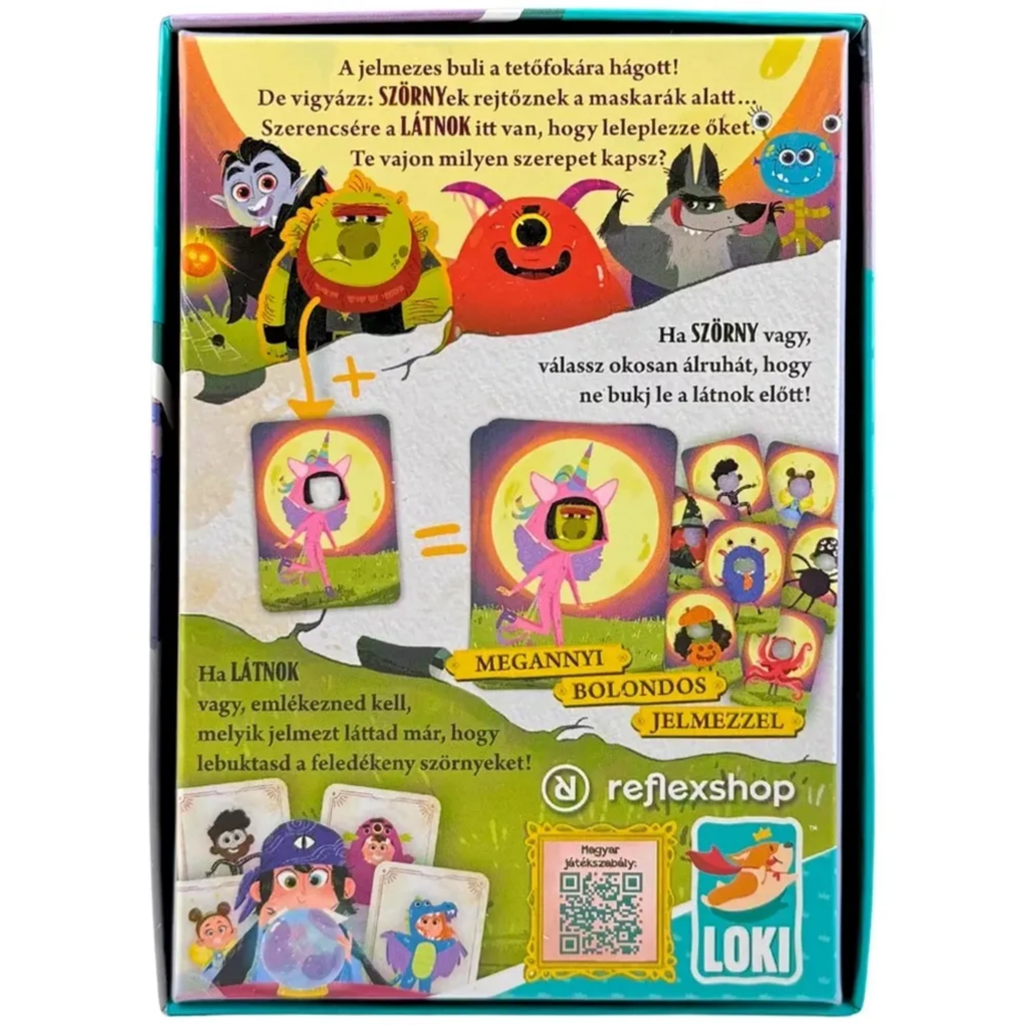 Boo Buli társasjáték hátoldala, játékleírással és példával, LOKI és reflexshop logóval.