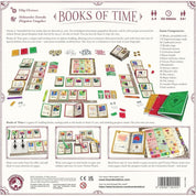 Books of Time társasjáték dobozának hátoldala, amely tartalmazza a játék komponenseinek felsorolását, játékszabály-összefoglalót és képes útmutatót a játék menetéről.