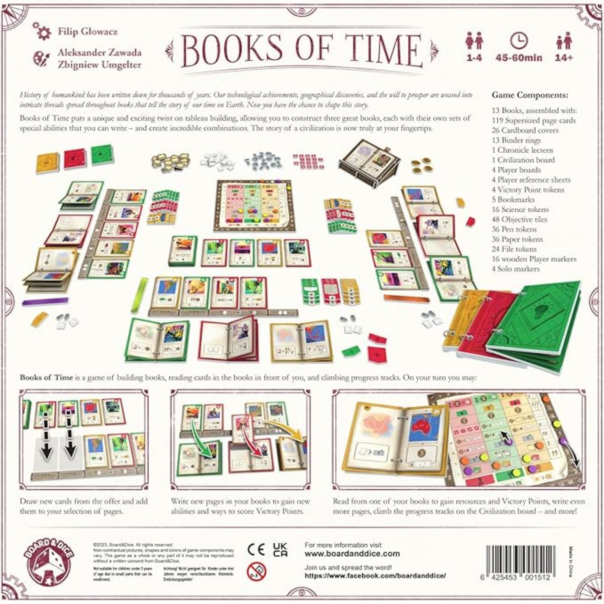 Books of Time társasjáték dobozának hátoldala, amely tartalmazza a játék komponenseinek felsorolását, játékszabály-összefoglalót és képes útmutatót a játék menetéről.