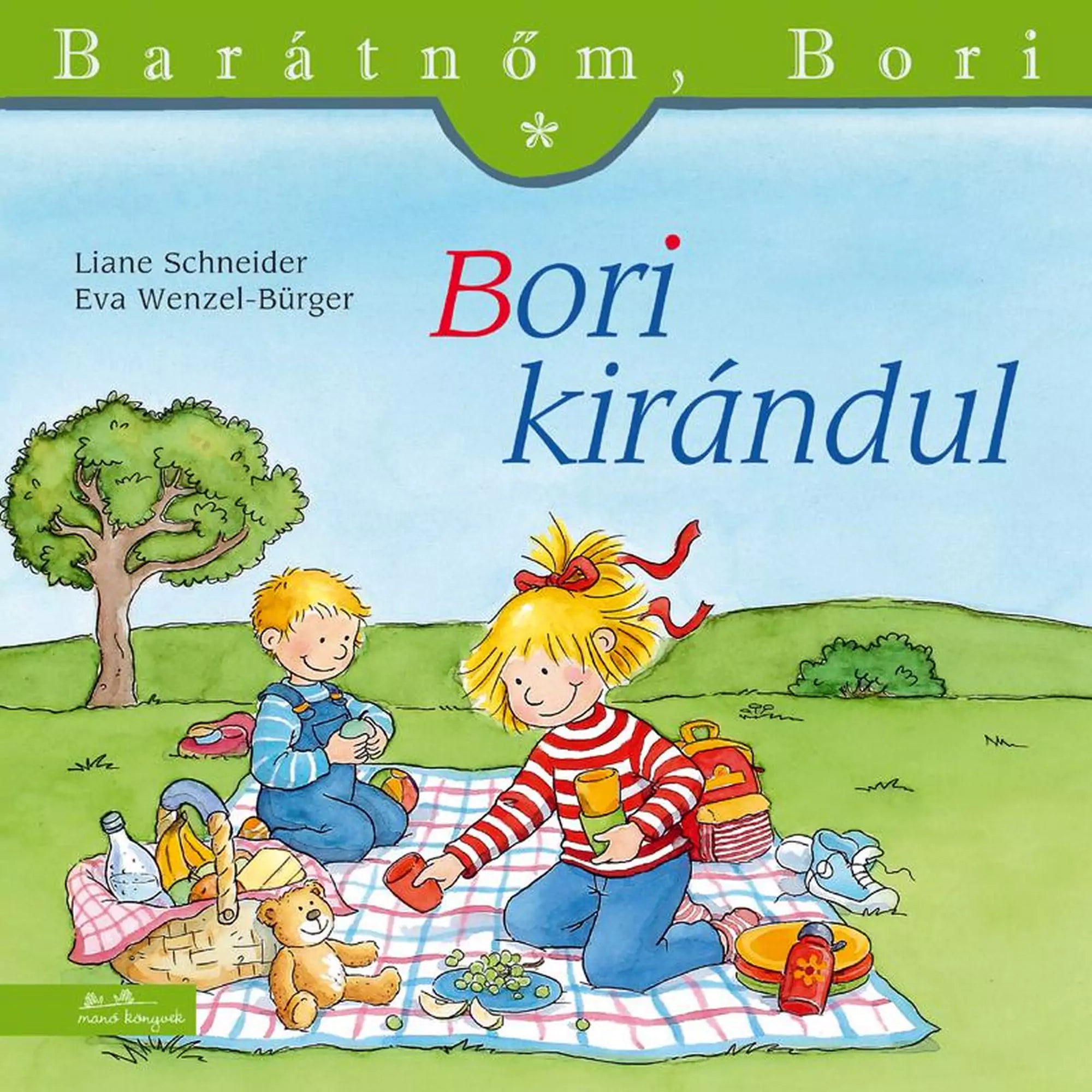 A „Bori kirándul” című gyerekkönyv borítója, amelyen Bori és egy kisfiú piknikeznek egy takarón a fűben, körülöttük ételek, játékok és egy fa a háttérben.