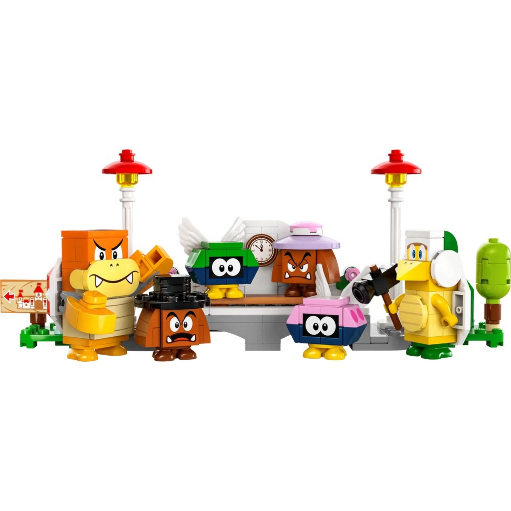 A készletben található minifigurák, köztük Goombák és más ikonikus ellenségek.