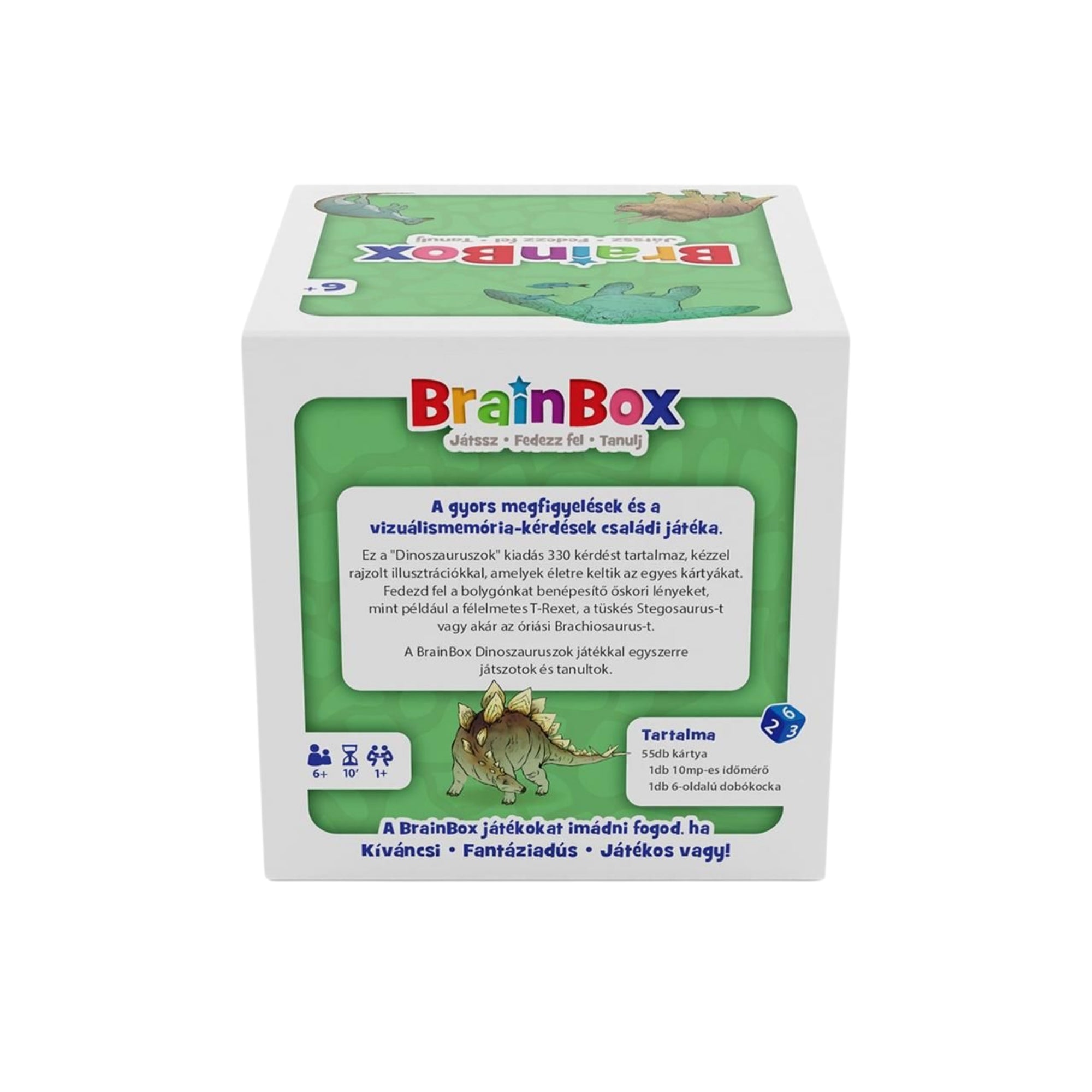 A BrainBox Dinoszauruszok dobozának hátoldala, játék leírásával és tartalomjegyzékével.