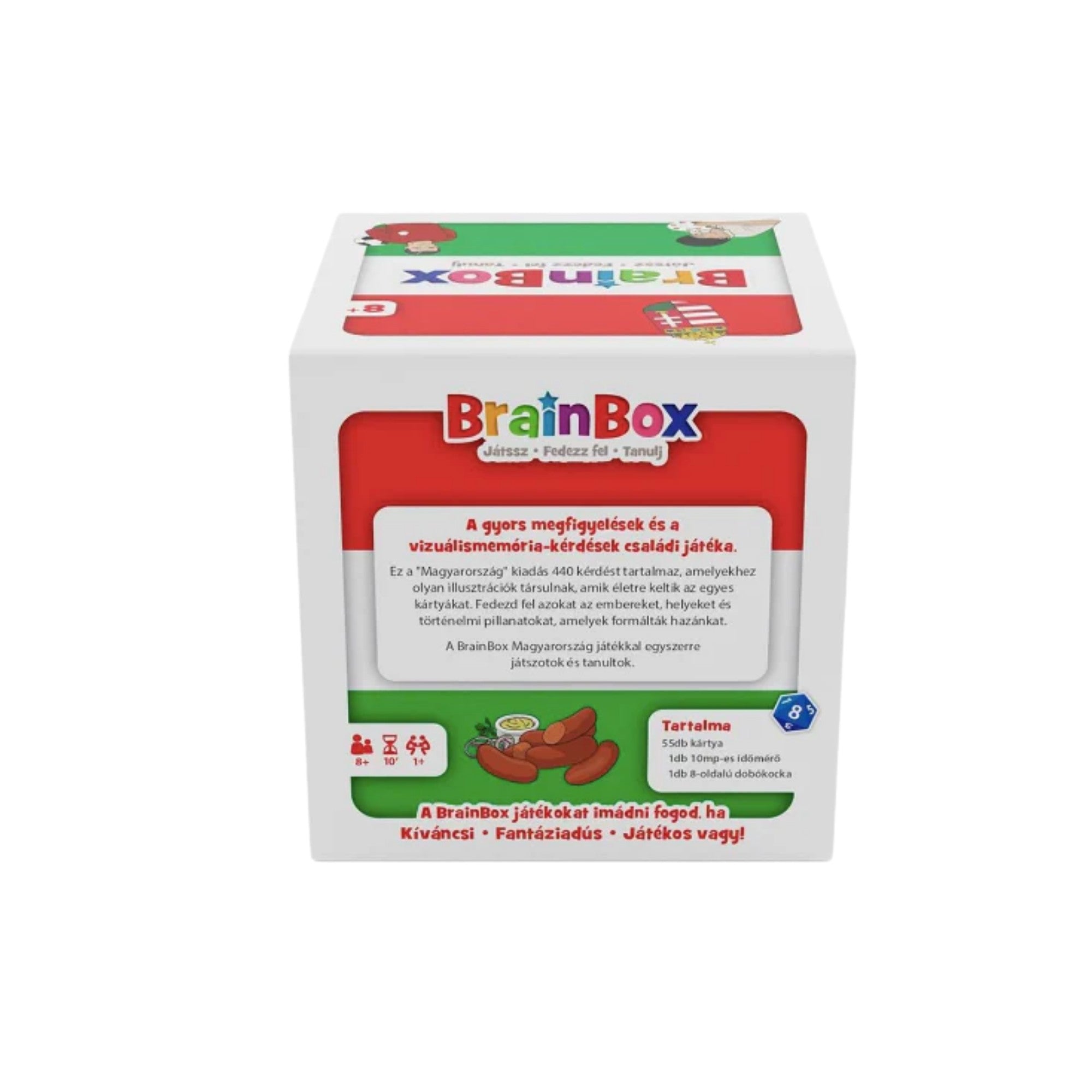 BrainBox Magyarország új kiadás doboz hátoldala – A BrainBox Magyarország játék hátoldala, bemutatva a játék funkcióit és szabályait.