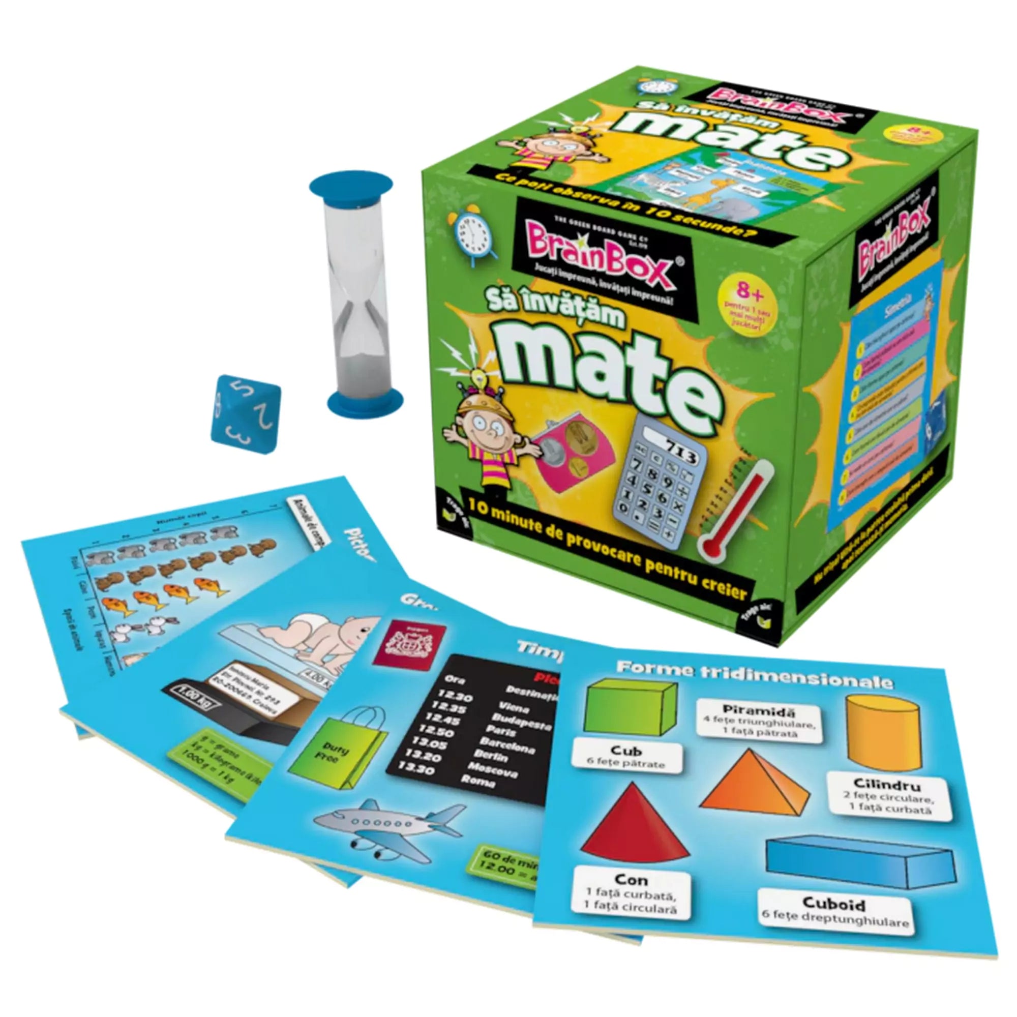 „BrainBox – Să învățăm mate társasjáték doboza és tartozékai: homokóra, dobókocka és több színes oktatókártya matematikai témákkal.”