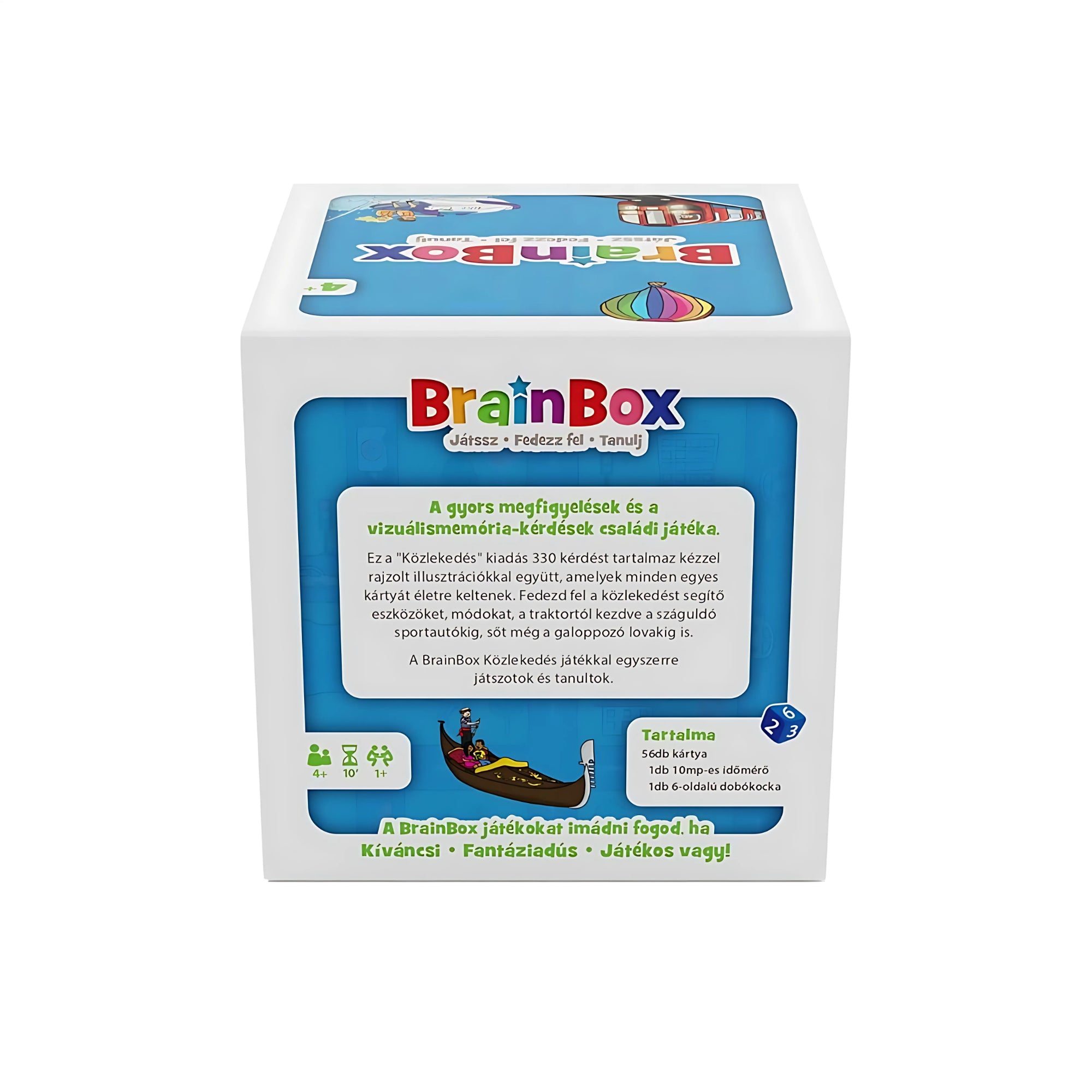 A BrainBox Közlekedés társasjáték dobozának hátoldala, amely bemutatja a játék célját és tartalmát, valamint a gyors megfigyelési és vizuálismemória-kérdésekre épülő szórakoztató családi játék lényegét.