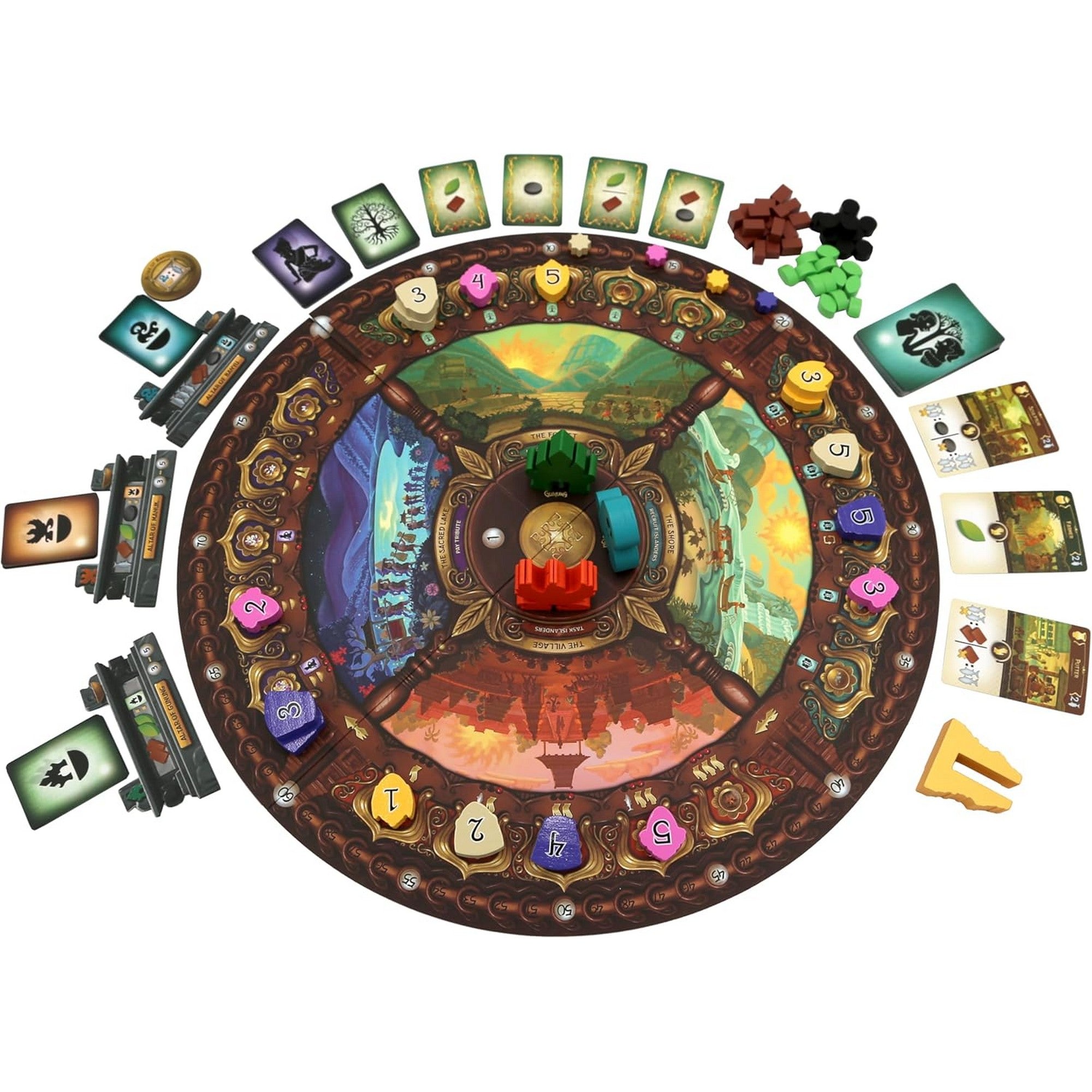 Buru angol nyelvű társasjáték – teljes játékkészlet felülnézetből, kör alakú játéktáblával és összes komponenssel.