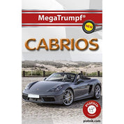 A képen a MegaTrumpf „Cabrios” kvartett kártyajáték doboza látható. A borítón egy elegáns, szürke Porsche kabrió díszeleg, lenyitott tetővel, egy tengerparti, homokos háttér előtt. A doboz tetején piros csíkkal kiemelve szerepel a sorozat neve, a „MegaTrumpf® NEW” logóval. A „CABRIOS” felirat nagy, arany betűkkel hívja fel a figyelmet a játék témájára – stílusos, nyitott tetejű autókra. A jobb alsó sarokban a Piatnik logó található, amely a gyártót jelöli.