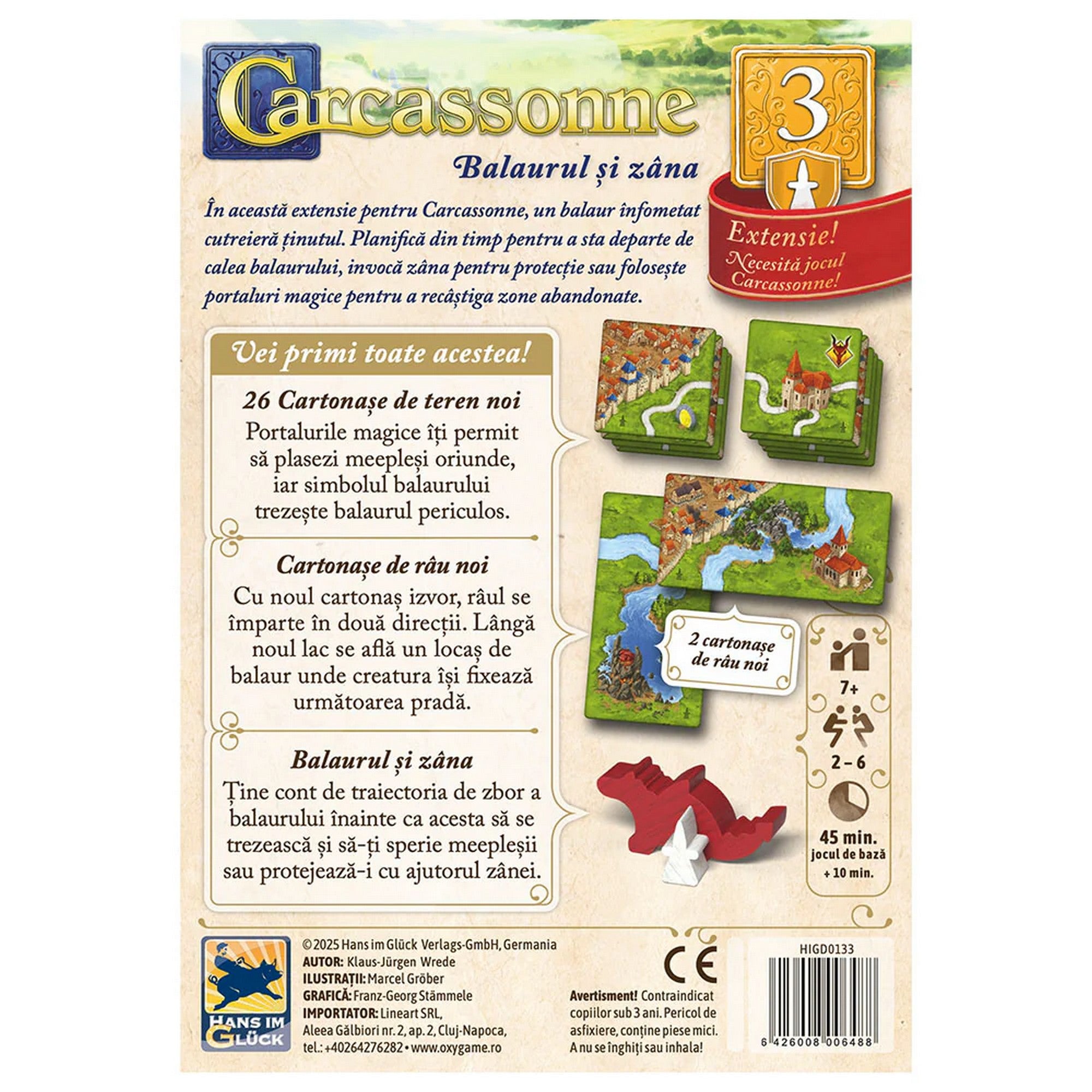 „Carcassonne – Balaurul și zâna kiegészítő dobozhátlapja, új tereplapokkal, folyólapokkal és a sárkány–tündér figurákkal.”