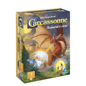 „Carcassonne – Balaurul și zâna kiegészítő doboza, tűzokádó sárkánnyal, varázskört idéző tündérrel és fantasy hangulatú illusztrációval.”