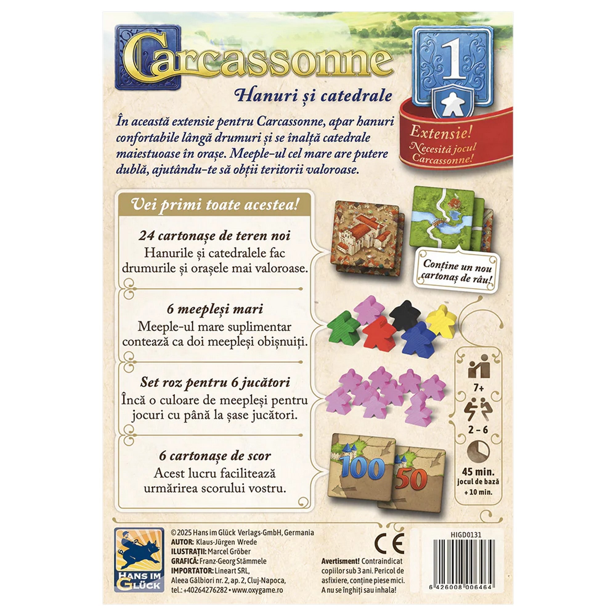 „Carcassonne – Hanuri și catedrale kiegészítő dobozhátlapja, új tereplapokkal, nagy meeple figurákkal, rózsaszín játékszettel és pontlapokkal.”