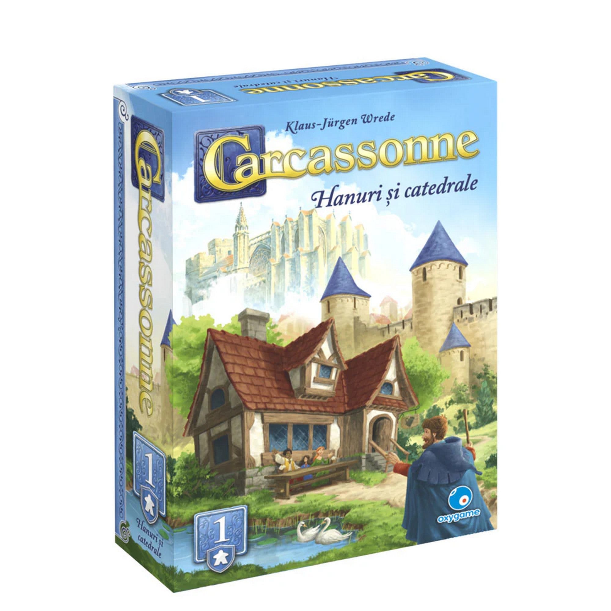 „Carcassonne – Hanuri și catedrale kiegészítő doboza, fogadóval, tavacskával és háttérben magasodó katedráléval illusztrálva.”