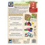 „Carcassonne – Negustori și constructori kiegészítő dobozhátlapja, új tereplapokkal, kereskedő- és építőfigurákkal, valamint árubónusz jelölőkkel.”