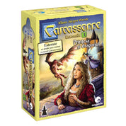 A Carcassonne Prințesa și dragonul kiegészítő dobozának eleje, amelyen egy vár erkélyén álló hercegnő látható, háttérben egy repülő sárkánnyal és egy tündérrel. A doboz a Carcassonne társasjáték harmadik kiegészítőjét jelöli.