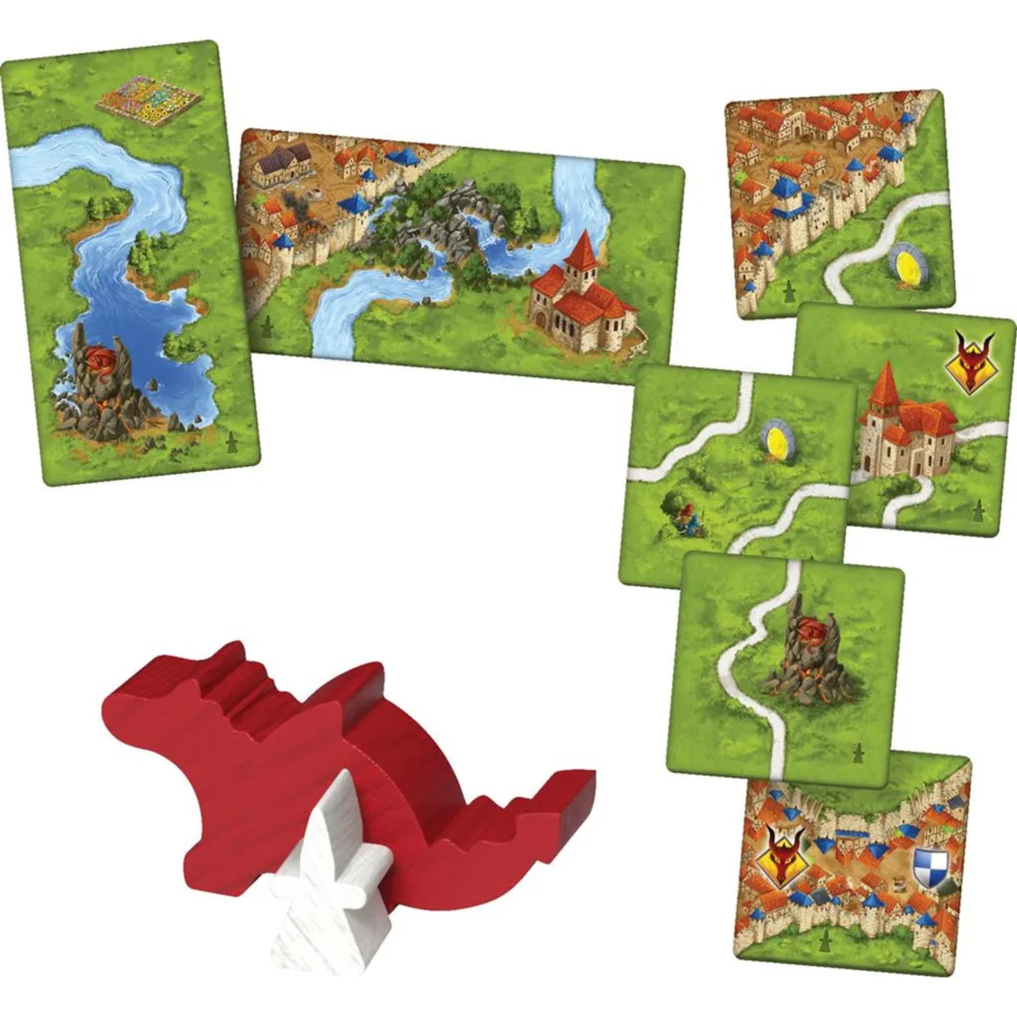 A Carcassonne: Sárkány és Tündér kiegészítő játékelemei: folyót ábrázoló nagy tájlapkák, város- és útszakaszokat tartalmazó kisebb lapkák, valamint a vörös sárkány és a fehér tündér fafigurái.