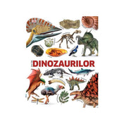 Ez a kép a „Cartea Dinozaurilor” (A dinoszauruszok könyve) borítóját ábrázolja, amely tele van izgalmas, részletes illusztrációkkal különféle dinoszauruszokról, őslényekről és fosszíliákról. A borítón látható többek között Triceratops, Pterosaurus, Stegosaurus, különféle ősi madarak, valamint borostyánba zárt rovart is felfedezhetünk. 