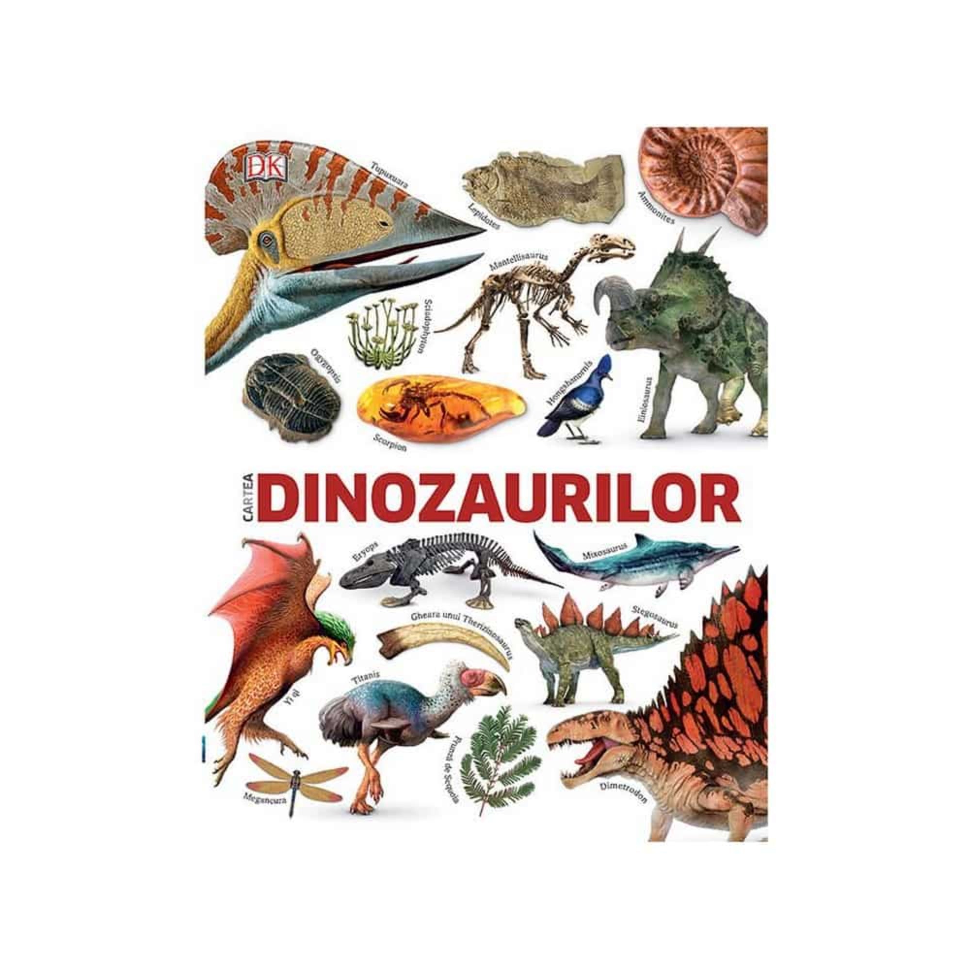 Ez a kép a „Cartea Dinozaurilor” (A dinoszauruszok könyve) borítóját ábrázolja, amely tele van izgalmas, részletes illusztrációkkal különféle dinoszauruszokról, őslényekről és fosszíliákról. A borítón látható többek között Triceratops, Pterosaurus, Stegosaurus, különféle ősi madarak, valamint borostyánba zárt rovart is felfedezhetünk. 