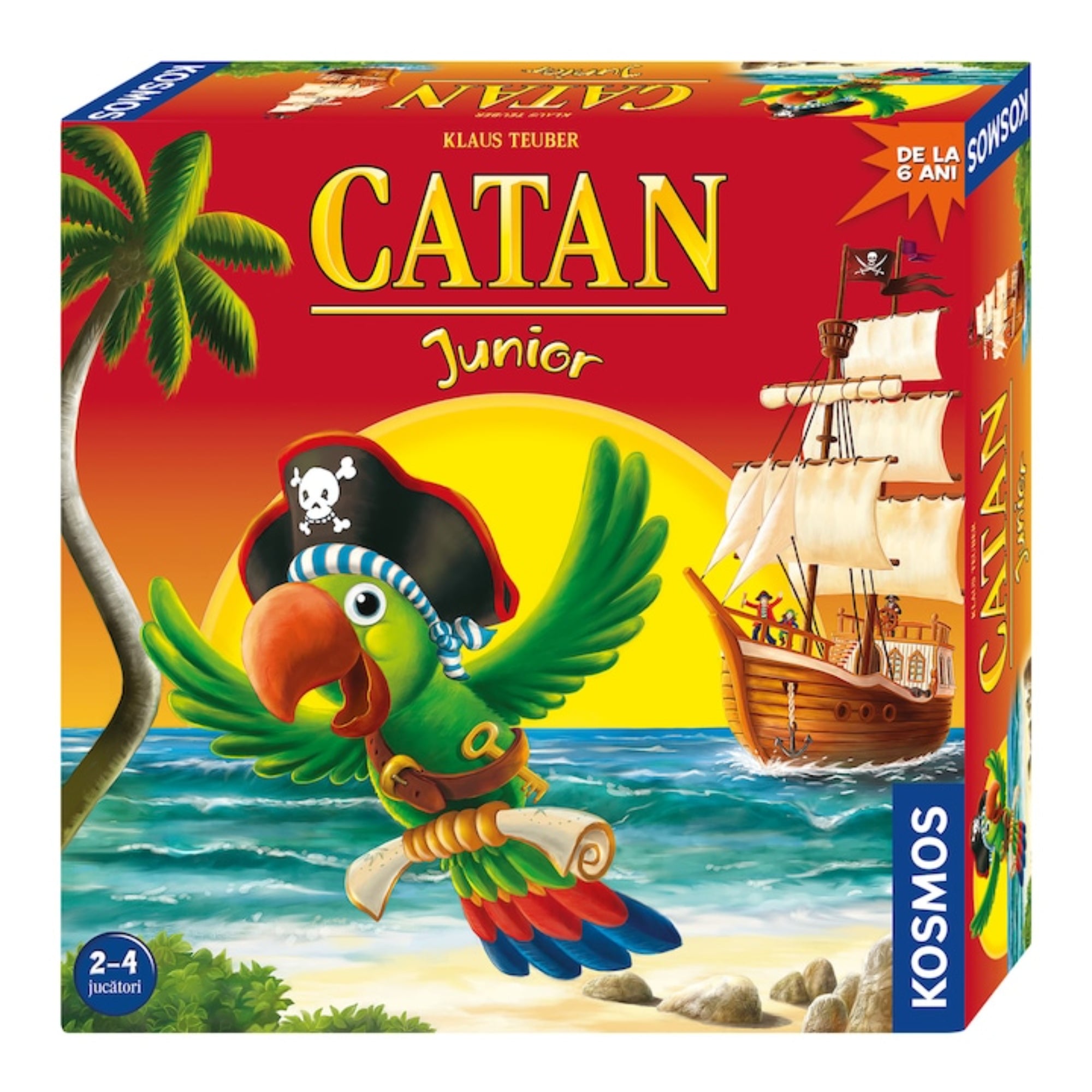 A Catan Junior társasjáték doboza, amelyen egy kalózpapagáj és egy hajó látható, a játék kalandokkal teli világát idézve.