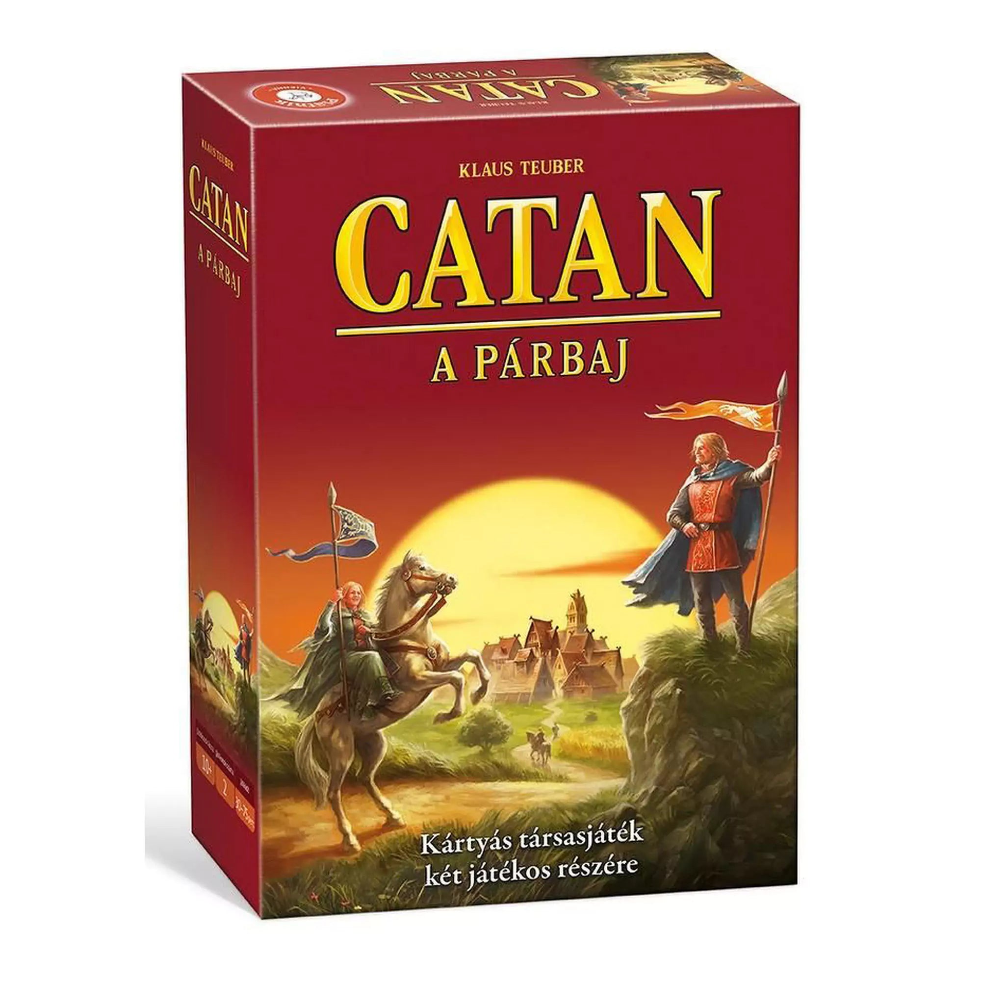 A képen a "Catan: A párbaj" kártyajáték vörös doboza látható. A doboz borítóján két lovag látható, akik egy gyönyörű táj előtt, a naplementében, küzdenek a Catan szigetén. A dobozon a játék címe sárga nyomtatott betükkel van feltüntetve.