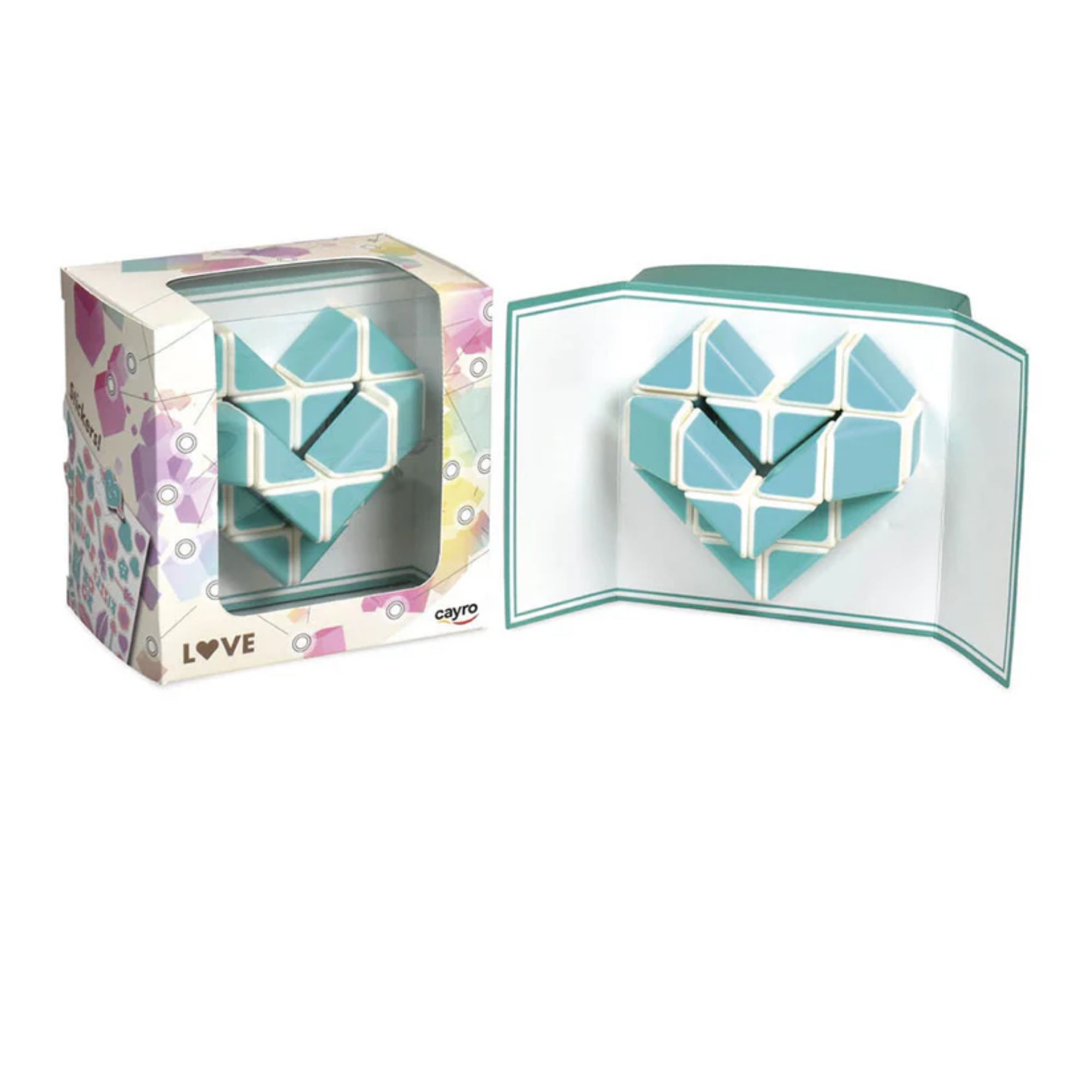 Cayro LOVE szív puzzle dobozzal és kihajtható üzenetkártyával, türkiz-fehér színű szív alakú kirakóval.