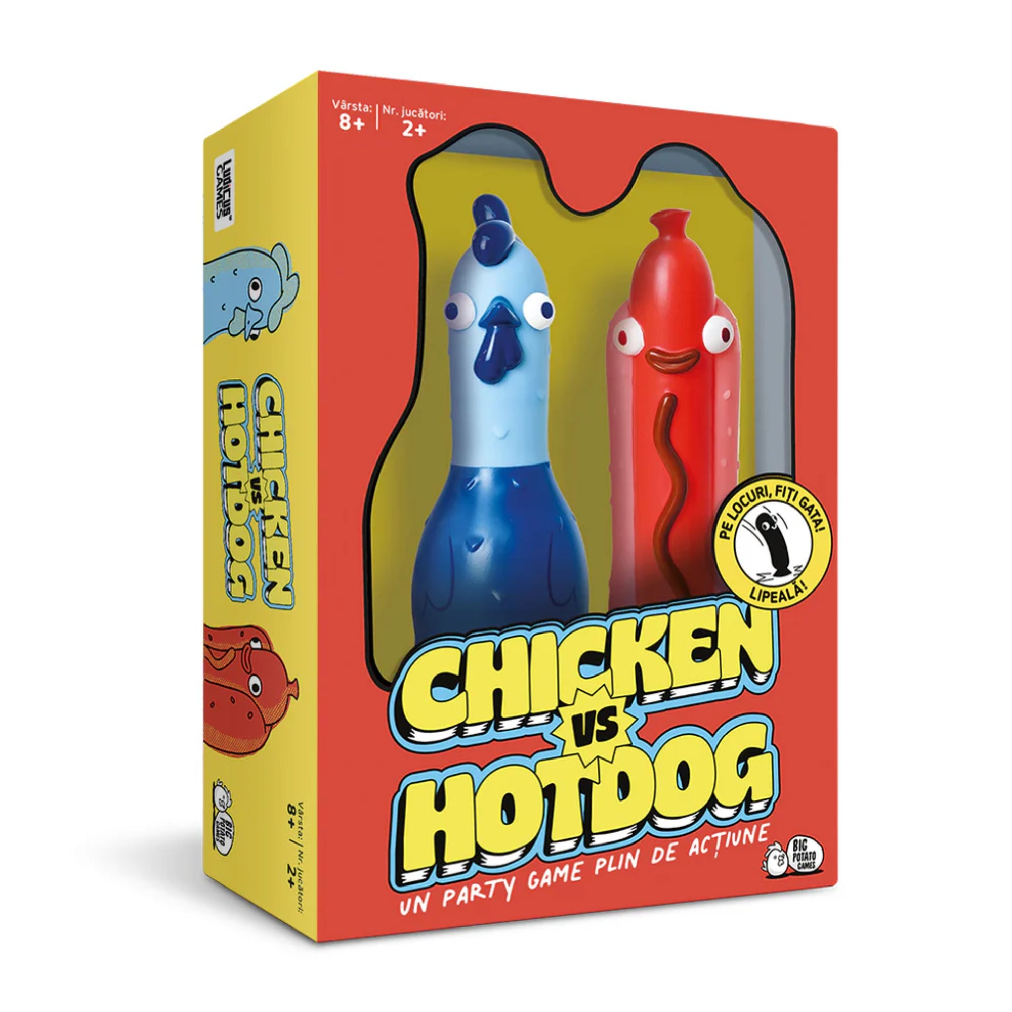 A képen a Chicken vs Hotdog partijáték doboza látható, amely két mókás figurát – egy csirkét és egy hotdogot – tartalmaz. Ez a gyors és szórakoztató ügyességi játék minden korosztálynak garantált nevetést ígér!