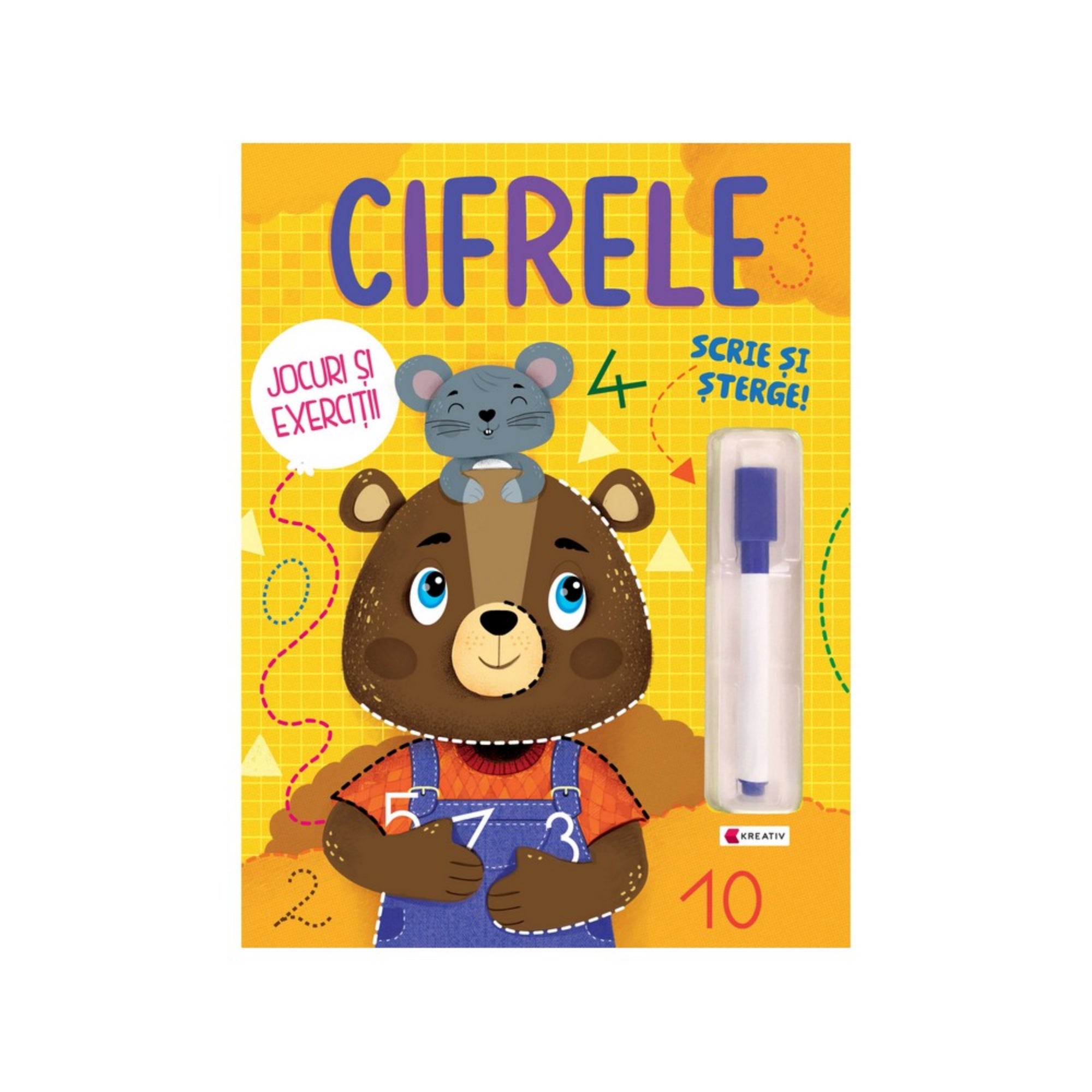 Cifrele – Jocuri și exerciții román nyelvű foglalkoztató füzet borítója, vidám barna medvével, kisegérrel, számokkal és letörölhető filctollal.