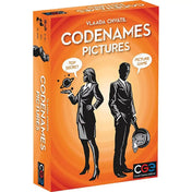 Codenames Pictures társasjáték – narancssárga doboz két fekete sziluettel, egy nő űrbolygót, egy férfi olvadt órát tart, képes asszociációs játék a CGE-től.