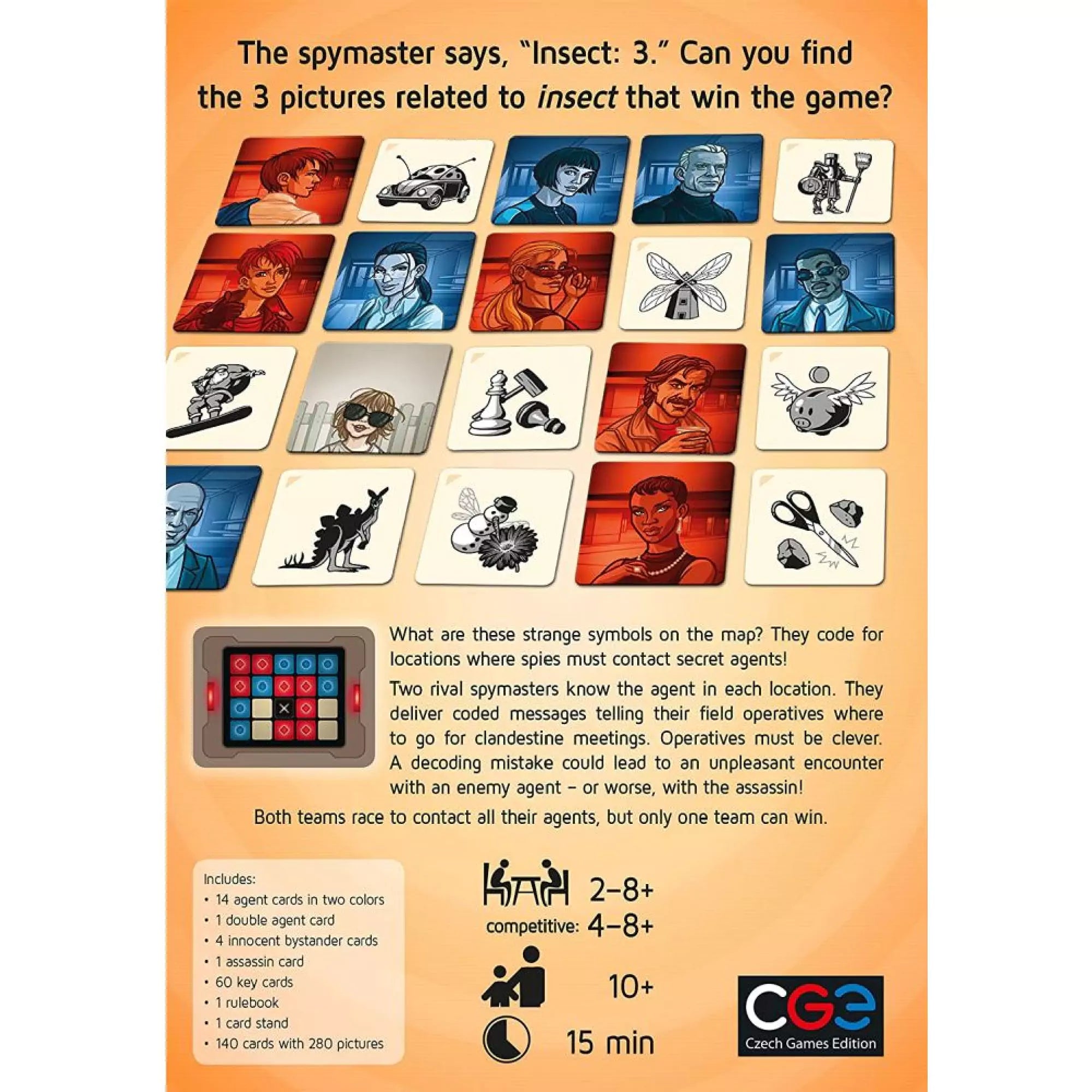 Codenames Pictures társasjáték hátlap – játékszabály rövid ismertetése, példa kártyarács képekkel, valamint a doboz tartalmának felsorolása.
