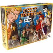 A Colt Express Big Box doboza színes western stílusú illusztrációval, amelyen kilenc különböző karakter – köztük a seriff, rablók és egy új szereplő – pózol a háttérben látható vonat előtt.
