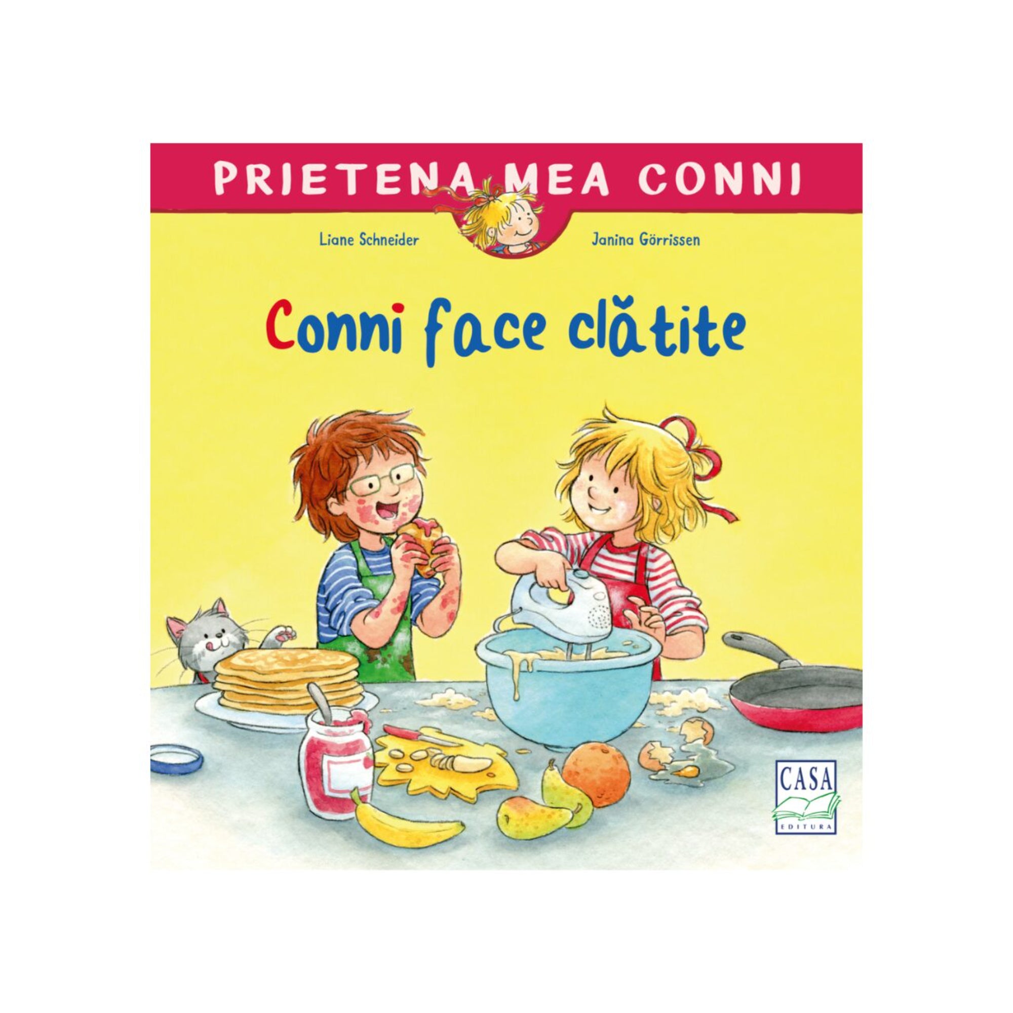 Prietena mea Conni – Conni face clătite könyv borítója, amelyen Conni és egy barátja palacsintát készítenek a konyhában, vidám illusztrációval.