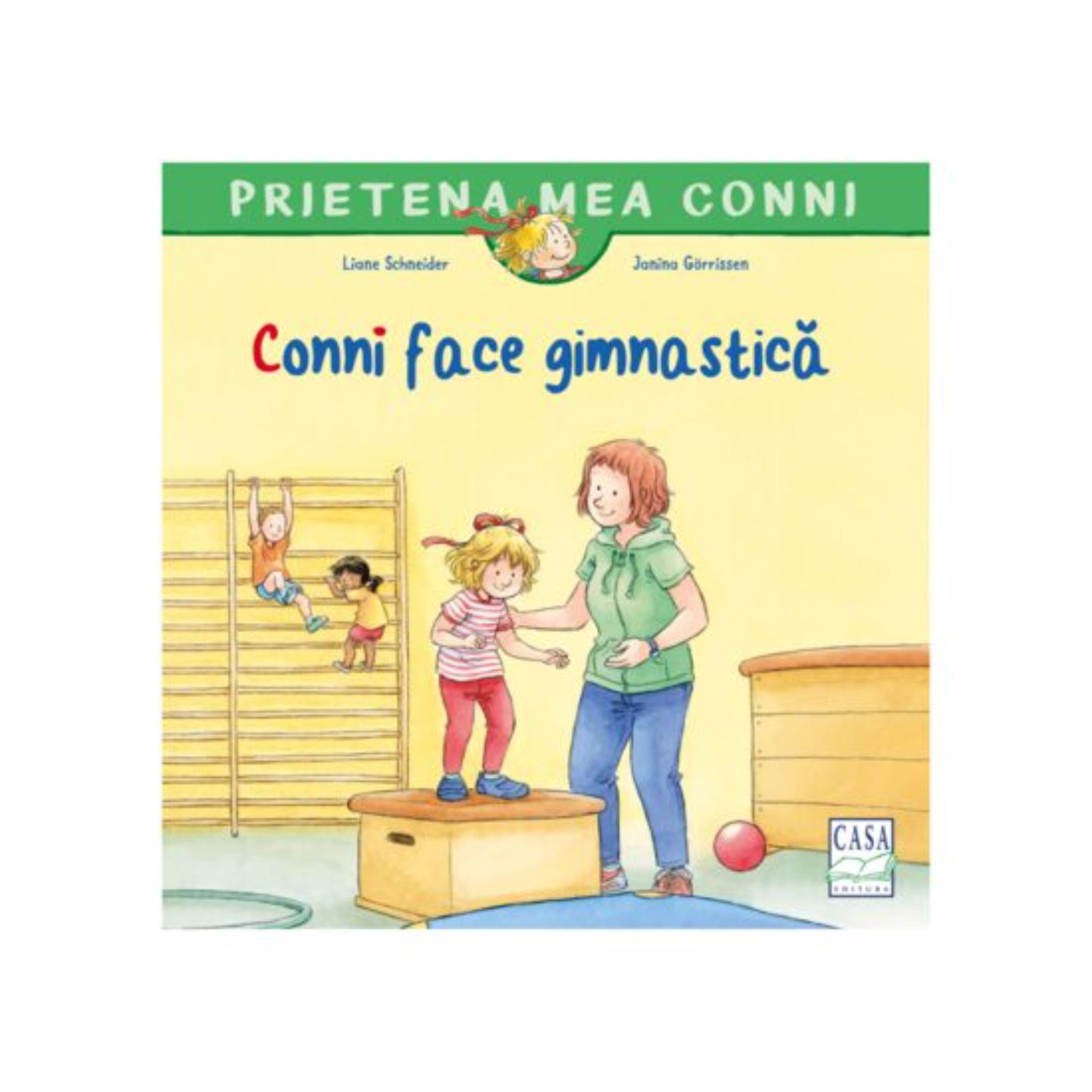 Prietena mea Conni – Conni face gimnastică könyv borítója, amelyen Conni tornateremben gyakorol egy edző segítségével, miközben más gyerekek mászókán játszanak.