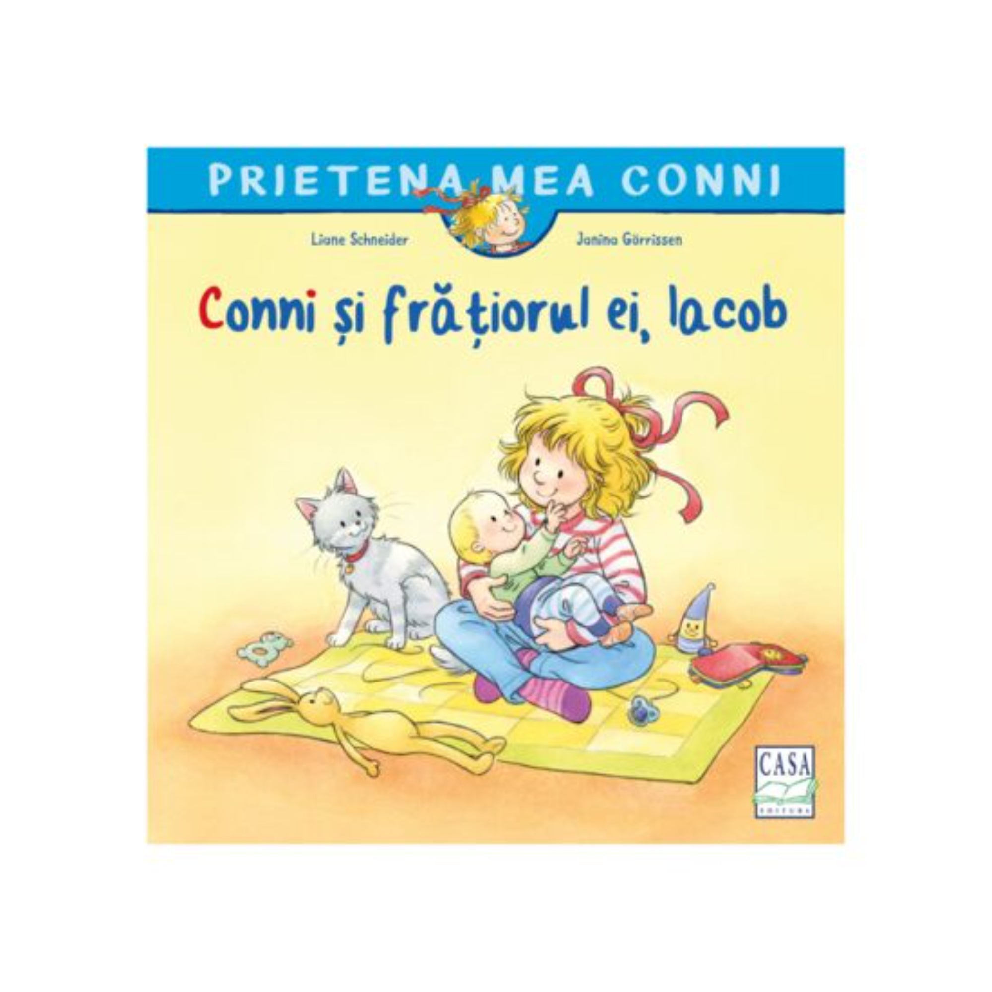 Prietena mea Conni – Conni și frățiorul ei, Iacob könyv borítója, amelyen Conni szeretettel tartja kisöccsét az ölében, mellettük a család macskája és játékok.
