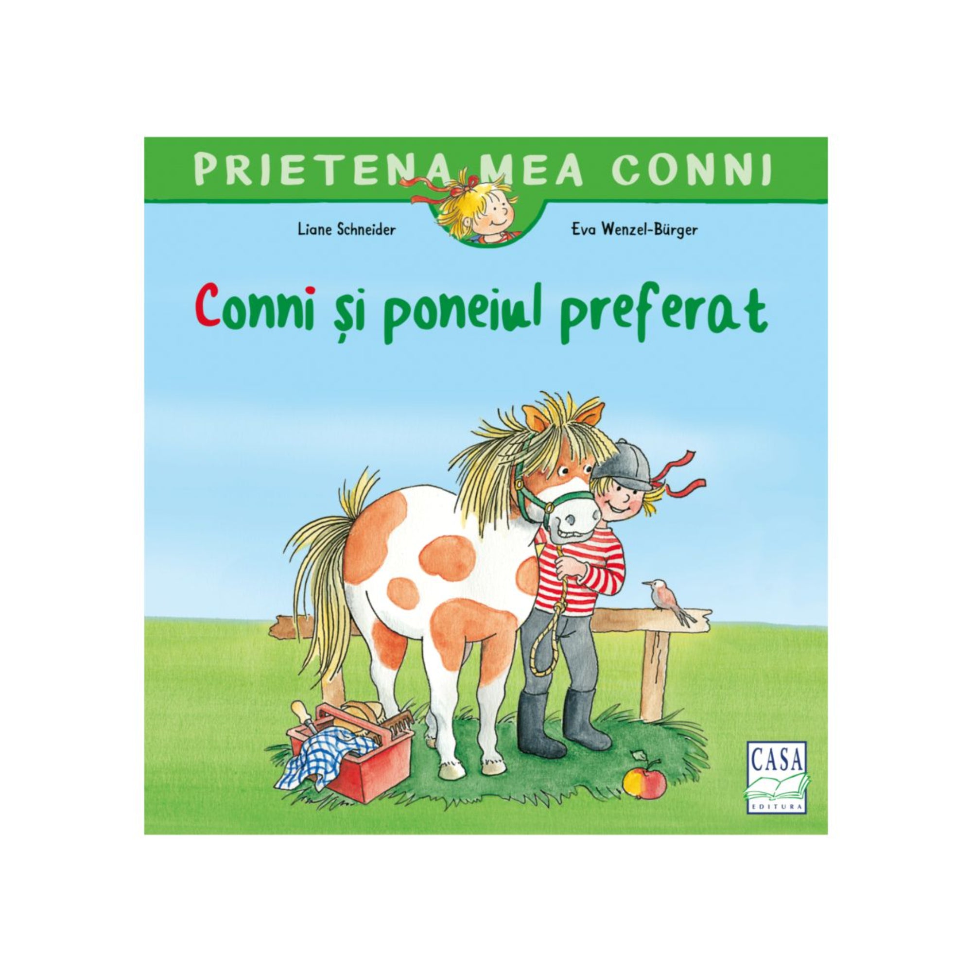 Prietena mea Conni – Conni și poneiul preferat könyv borítója, amelyen Conni szeretettel öleli kedvenc tarka póniját a réten, illusztrált jelenetben.