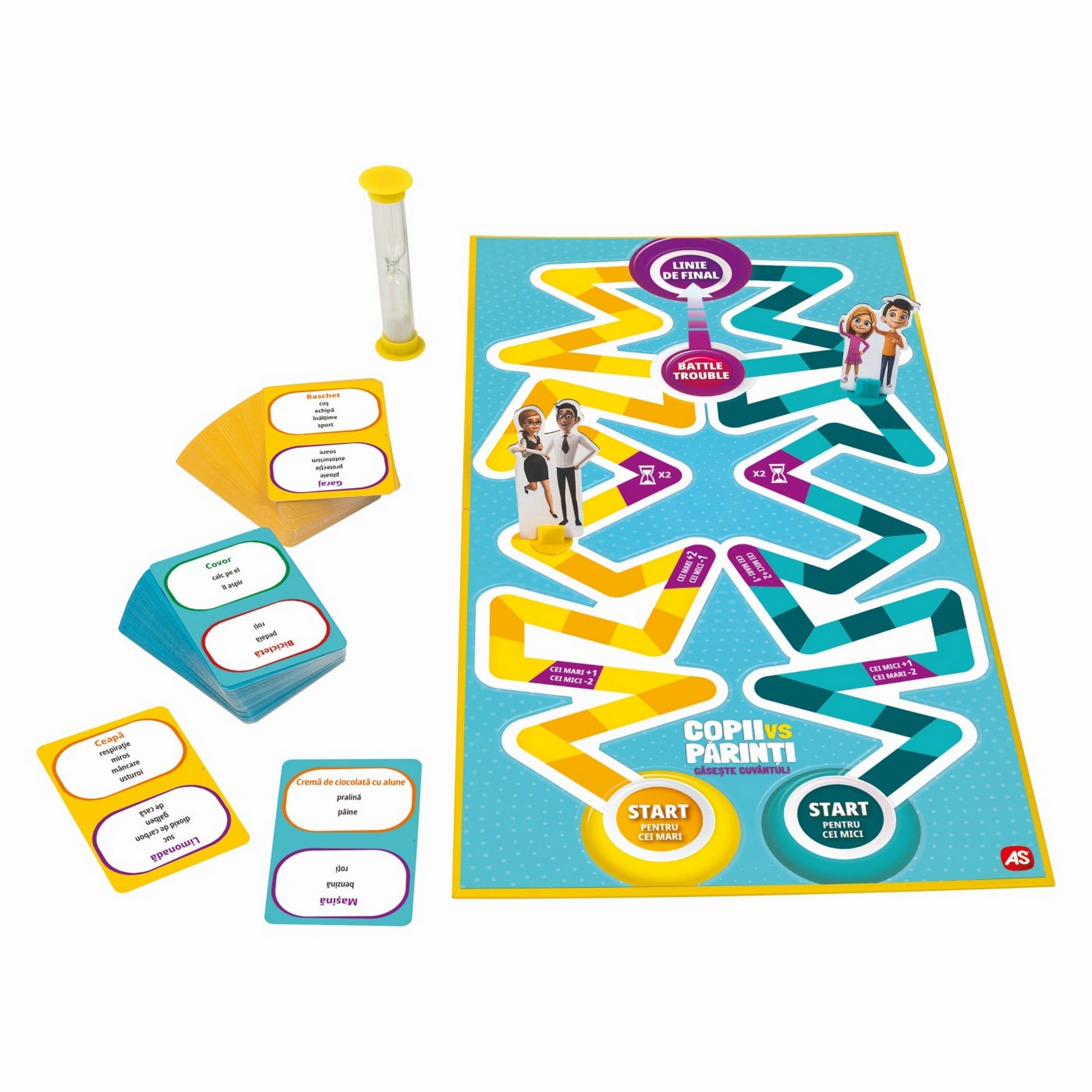 „A Copii vs Părinți – Găsește Cuvântul! társasjáték tartalma: játéktábla, kártyapaklik, homokóra és álló figurák, játékra készen elhelyezve.”