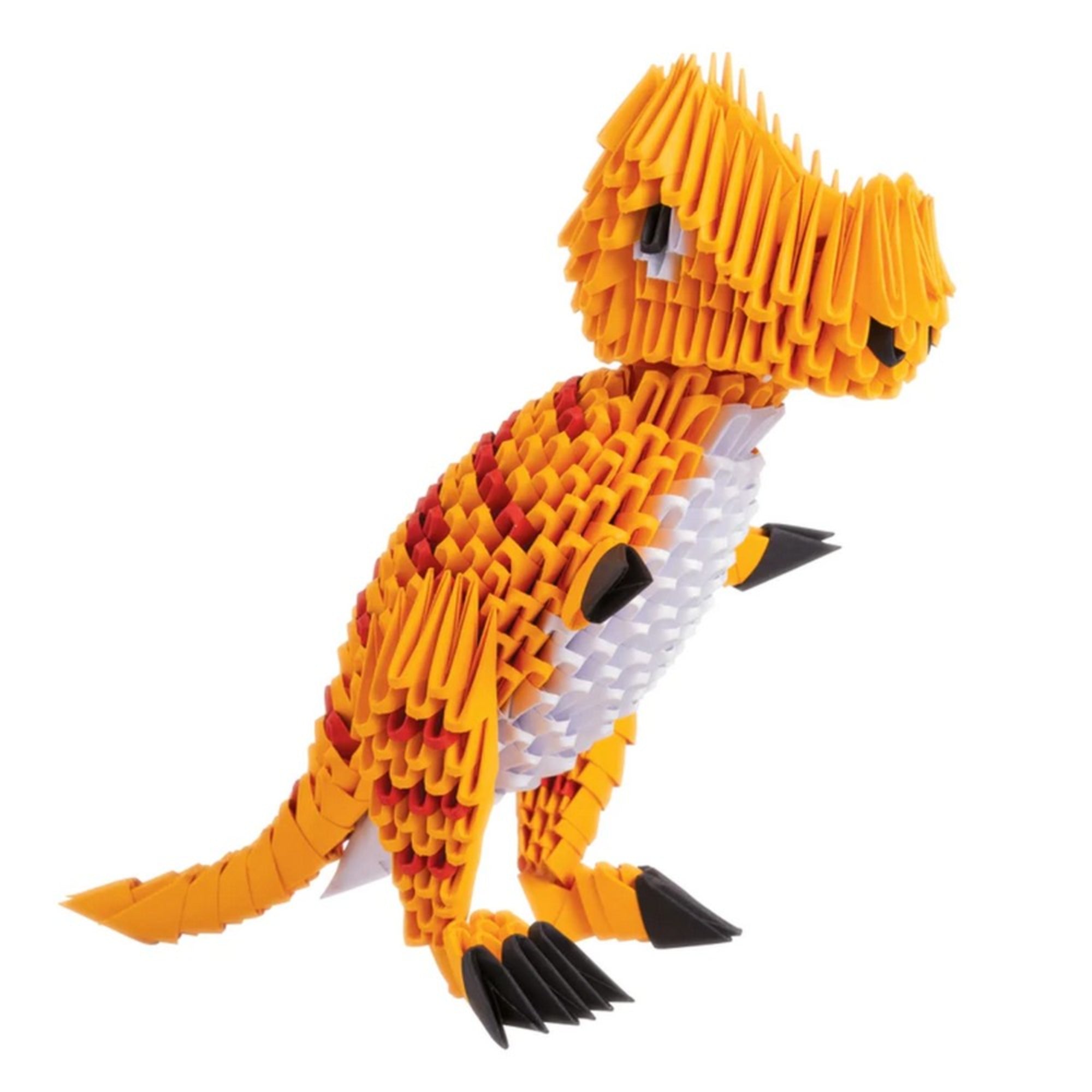 Creagami Origami 3D T-rex papírszobor narancssárga, piros és fehér elemekből, fekete karmokkal és részletes kidolgozással.