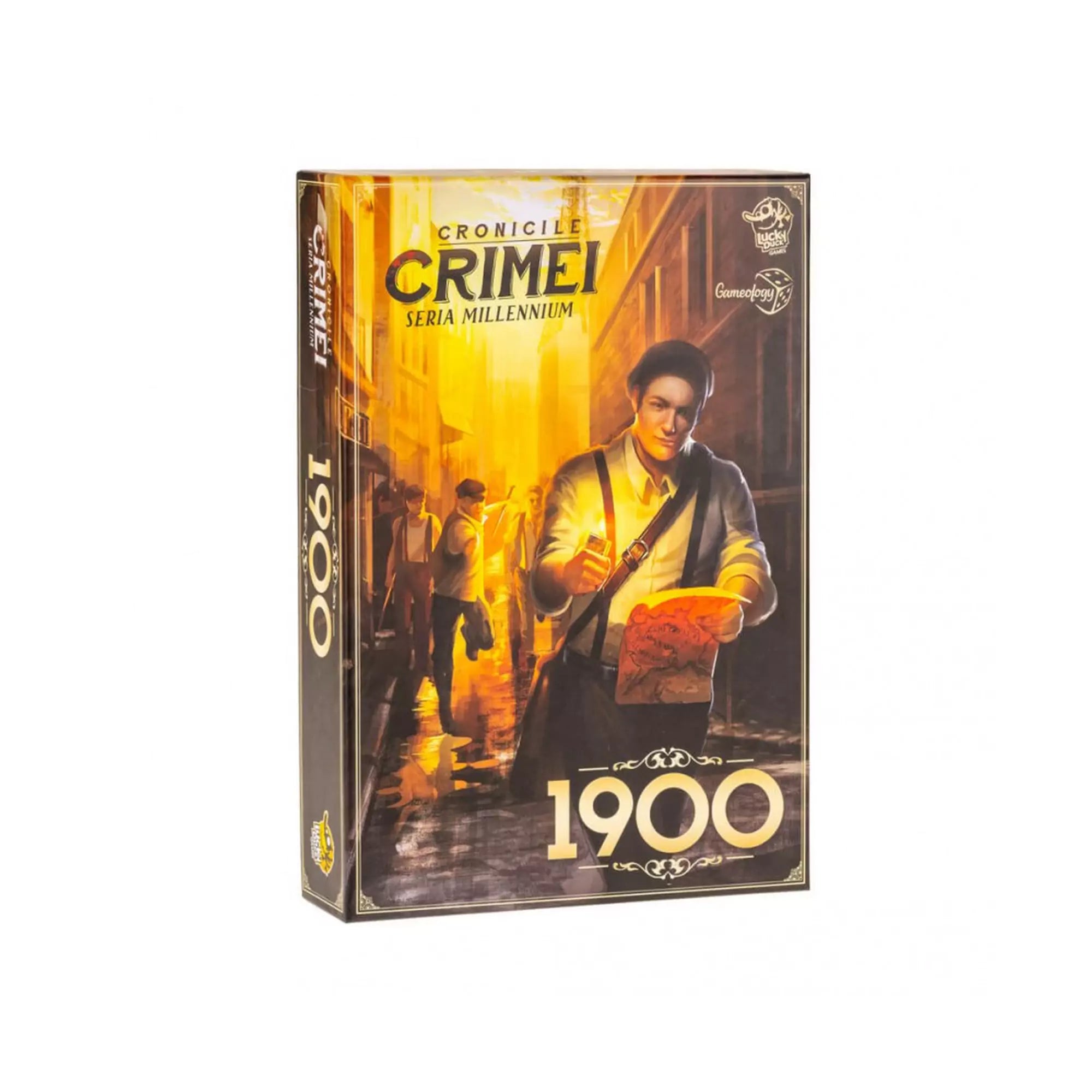 Cronicile Crimei 1900 társasjáték doboza, amely egy nyomozót ábrázol az 1900-as évek utcáin, a háttérben aranyló fénnyel.
