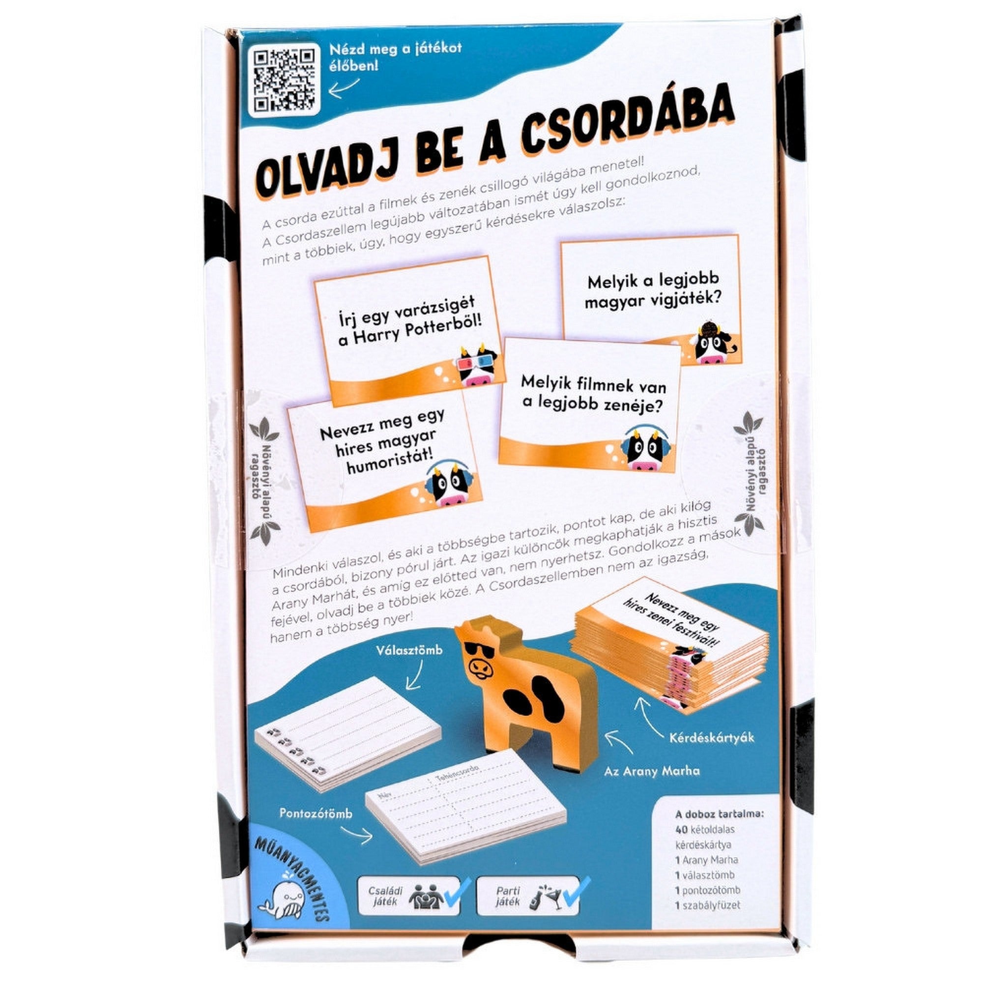 Csorda Szellem – Műüzik és Mozik társasjáték dobozának hátoldala, játékmenet-leírással és tartalom bemutatásával.