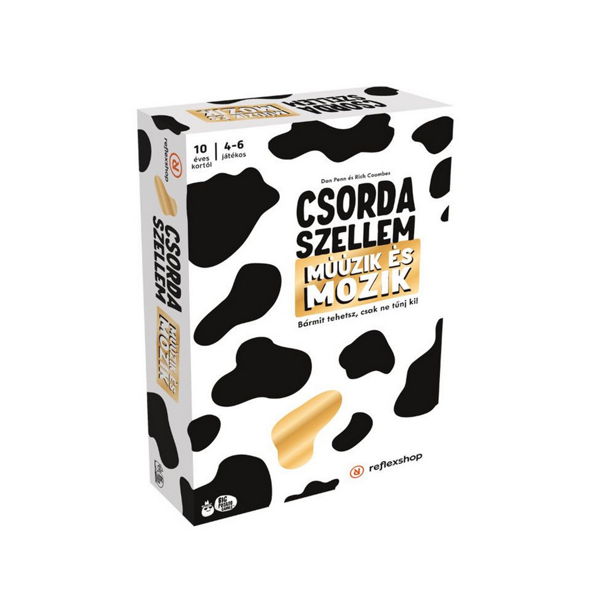 Csorda Szellem – Műüzik és Mozik társasjáték doboza elölnézetből, fekete-fehér mintás csomagolással.