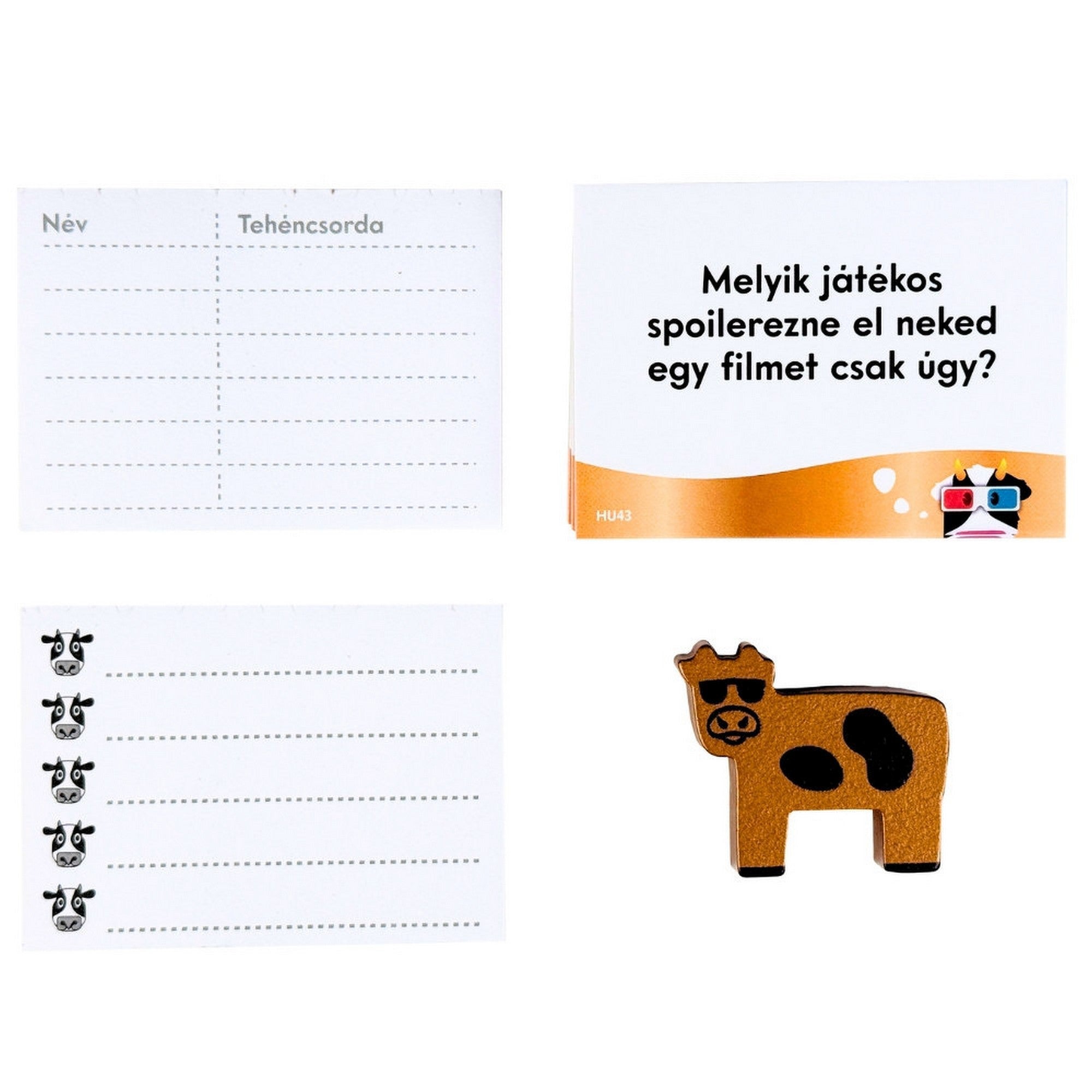 Csorda Szellem – Műüzik és Mozik társasjáték kérdéskártyái és Arany Marha figura felülnézetben.