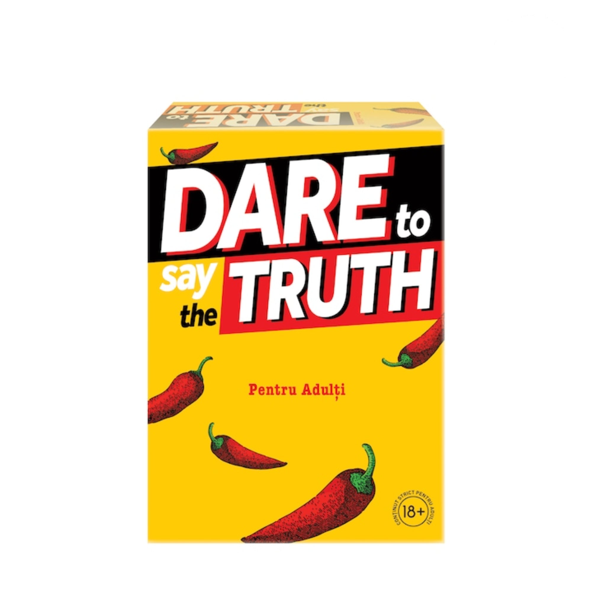„Dare to Say the Truth doboz közelről: feltűnő sárga háttér, csípős paprika mintával és 18+ jelöléssel.”