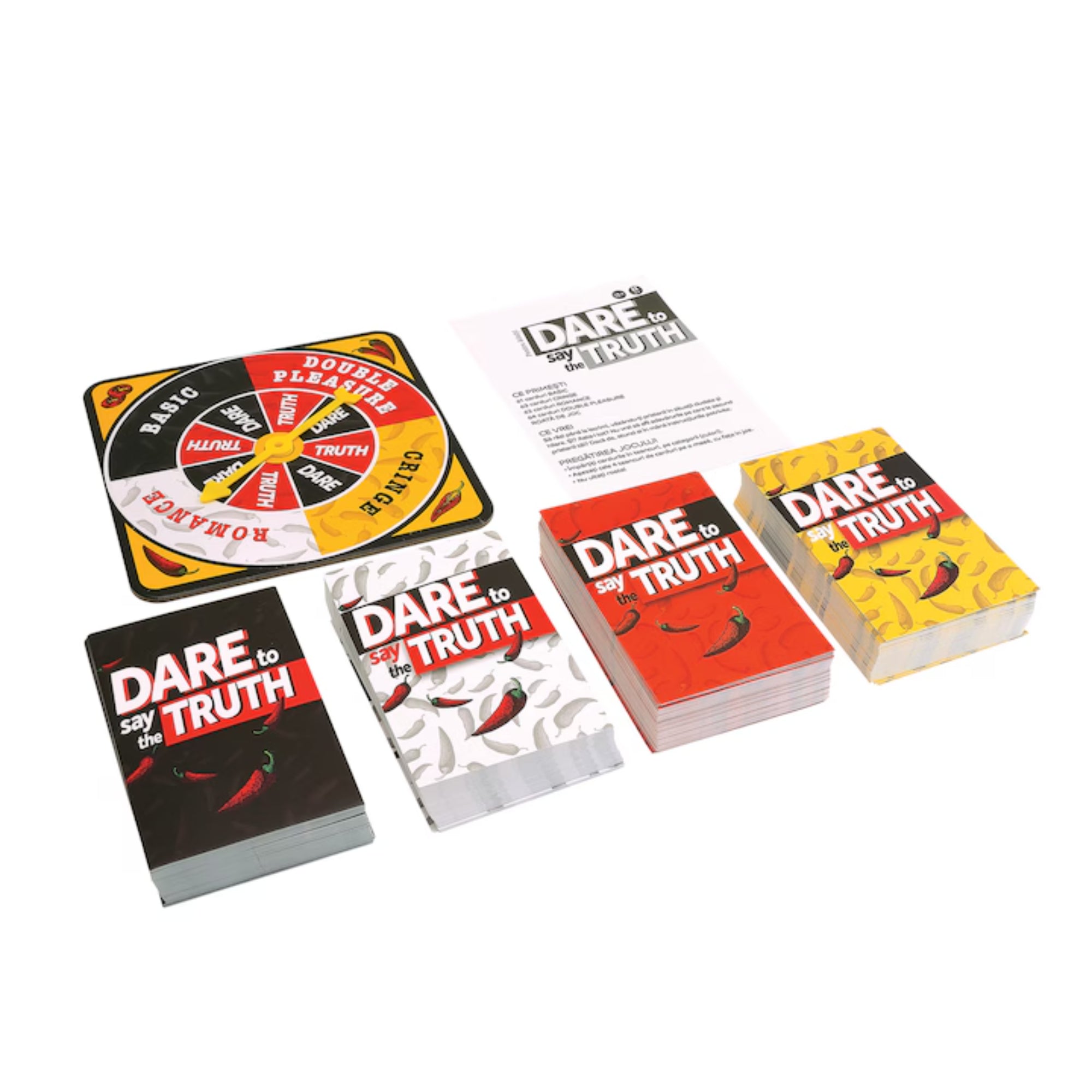 „Dare to Say the Truth kártyapaklik – fekete, fehér, piros és sárga kihívás- és igazságkártyák, valamint a pörgető korong és játékszabály.”