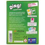 Ding! kártyajáték dobozának hátoldala, játékleírással, szabályrészletekkel és kártyapéldákkal.