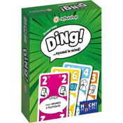 Ding! kártyajáték doboza elölnézetből, színes kártyákkal és a játék logójával.