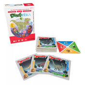 Dinótéka társasjáték tartalma: dinoszaurusz kártyák, pakli, játéktábla elemek és a játék doboza.