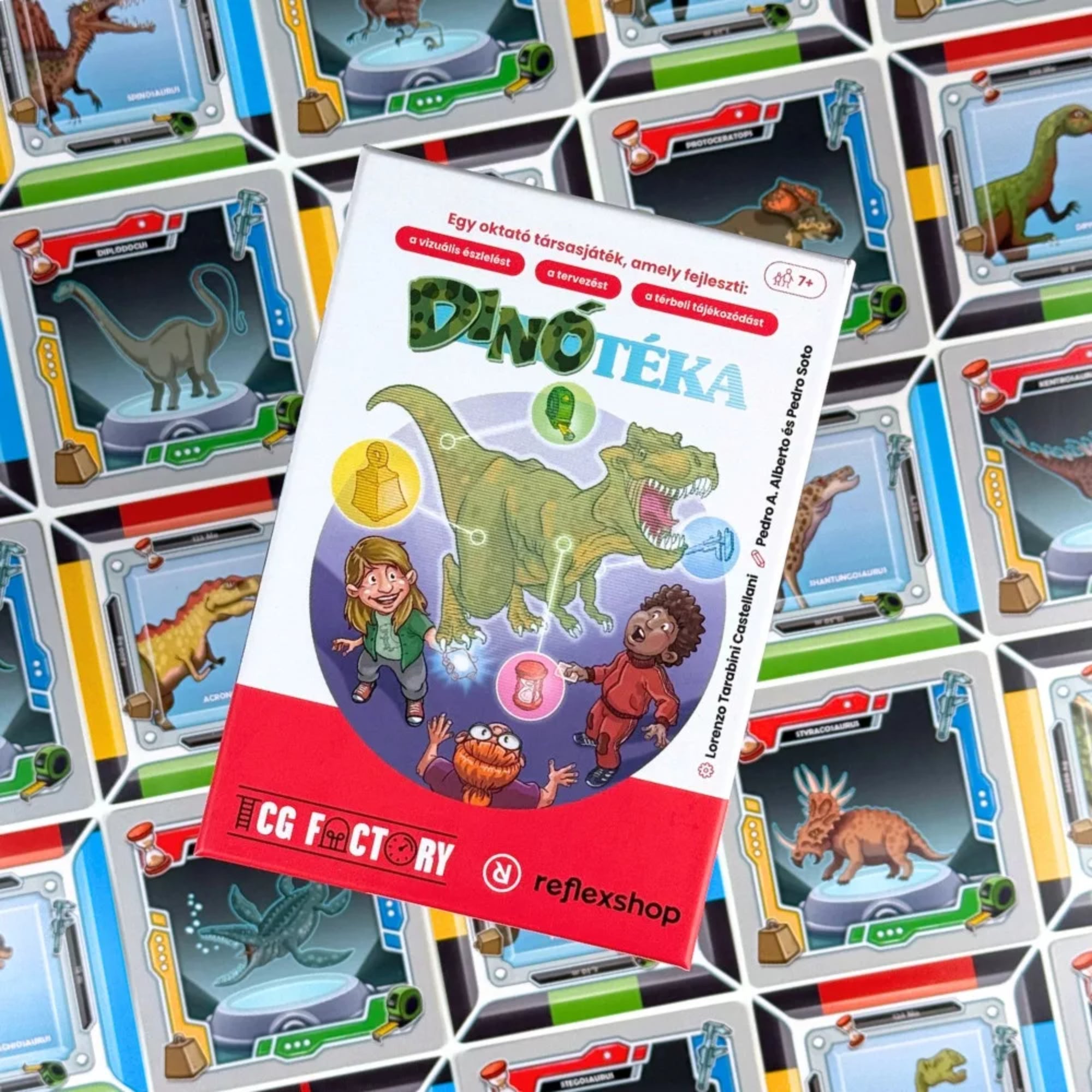 Dinótéka társasjáték doboza felülről, körülötte dinoszauruszos kártyák mintázatával.