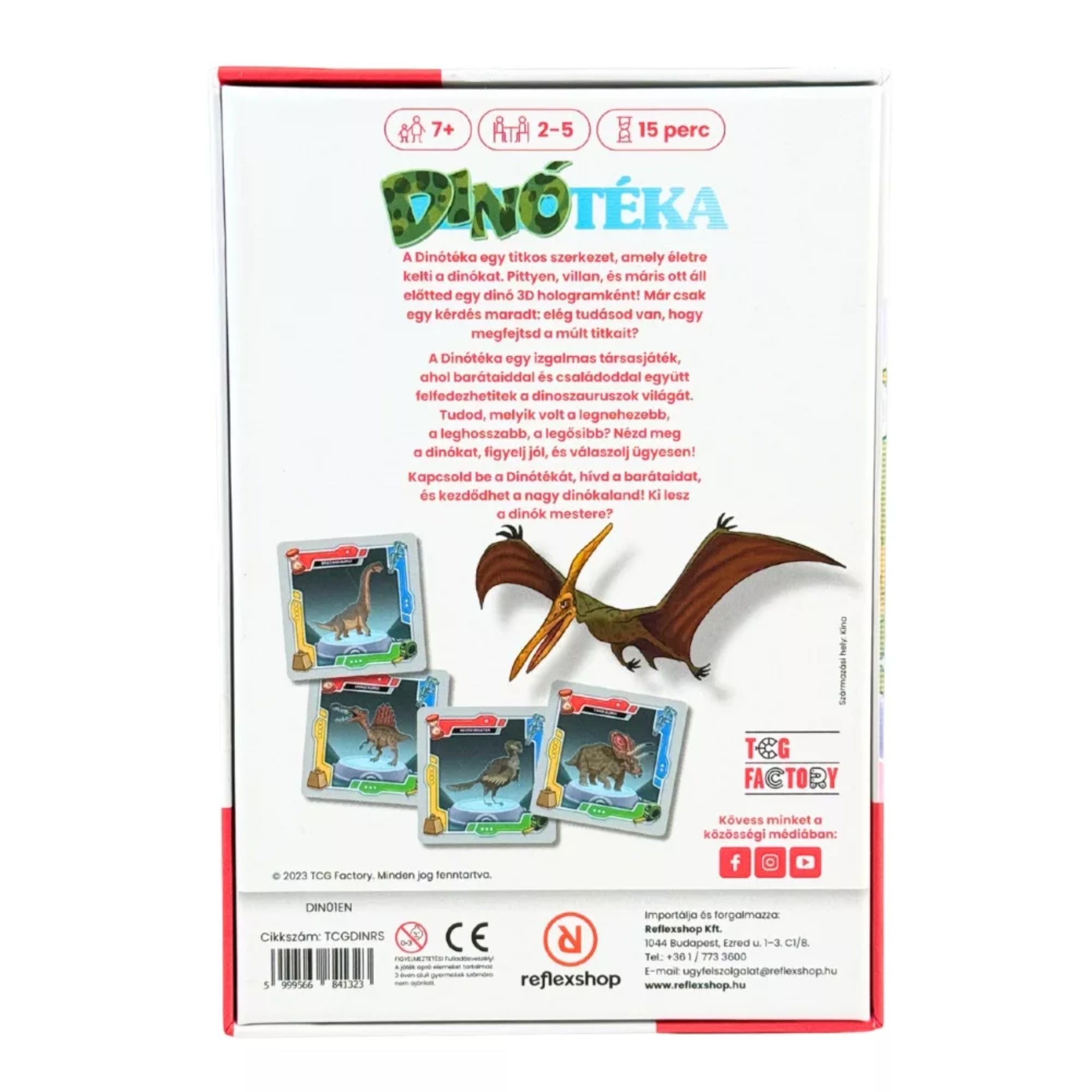 Dinótéka társasjáték doboz hátoldala játékleírással és pteroszaurusz grafikával.